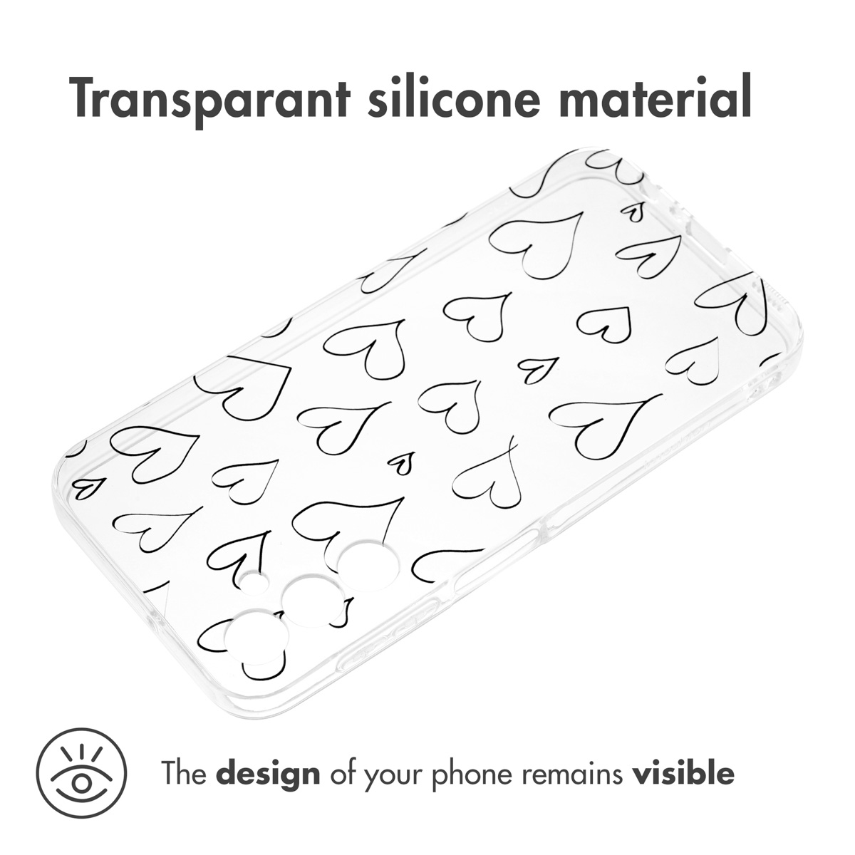 Transparente Silikonhülle mit schwarzem Herzmuster, Text oben und unten.