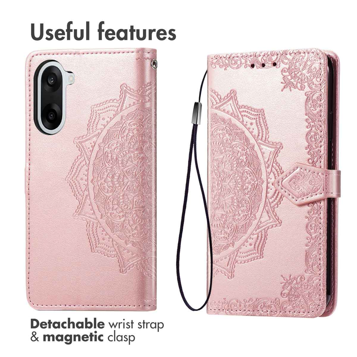 Roze telefoonhoesje met mandalapatroon, polsbandje en magneetsluiting.