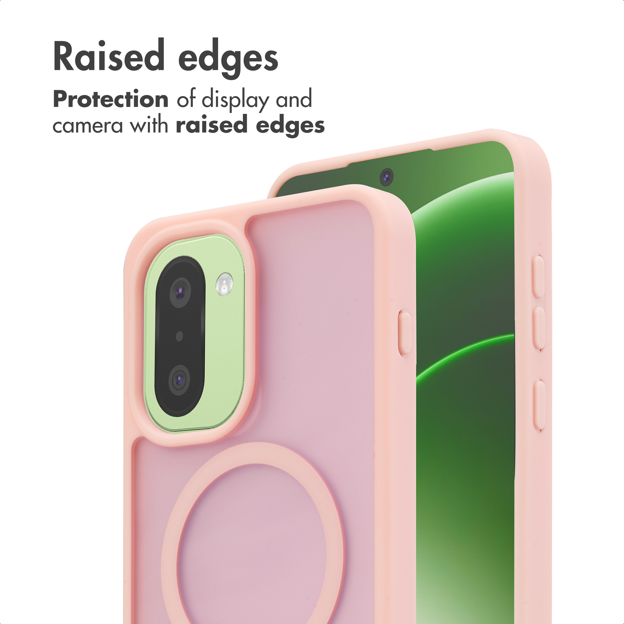 Funda rosa para smartphone con bordes elevados para proteger pantalla y cámara.
