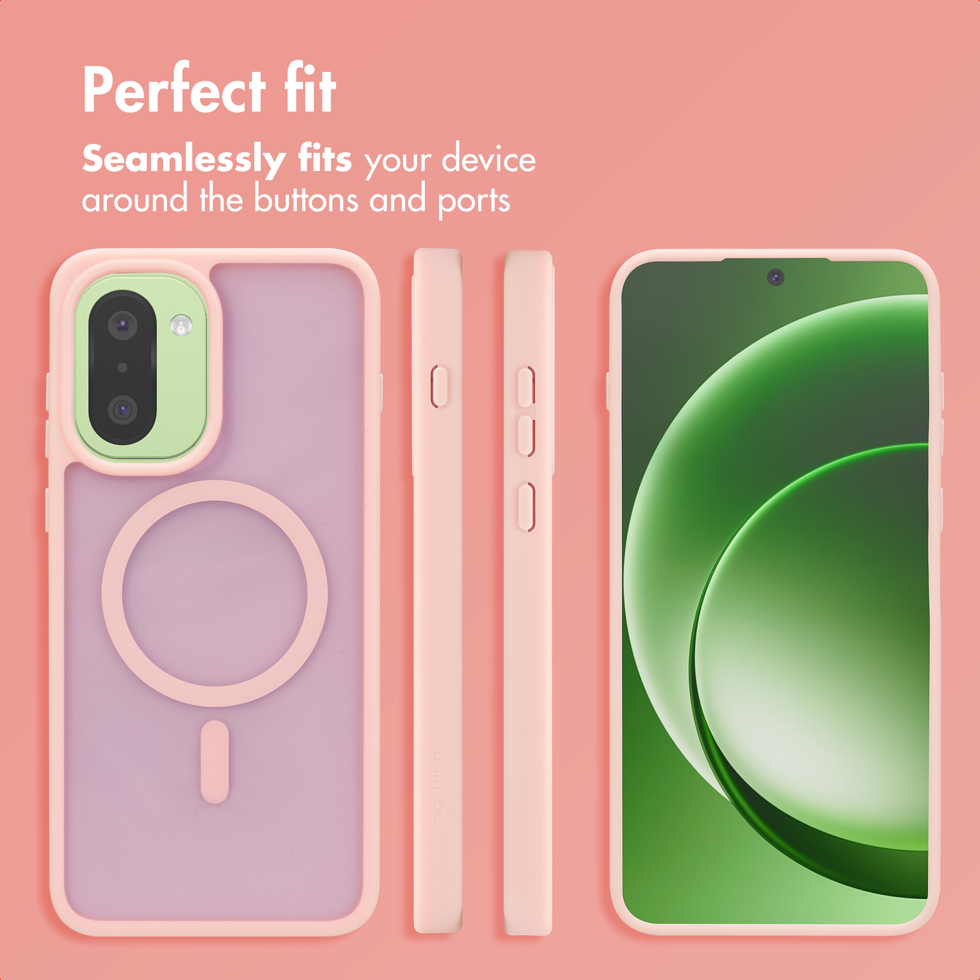 Funda de teléfono rosa con anillo MagSafe y módulo de cámara verde, sobre fondo rosa.