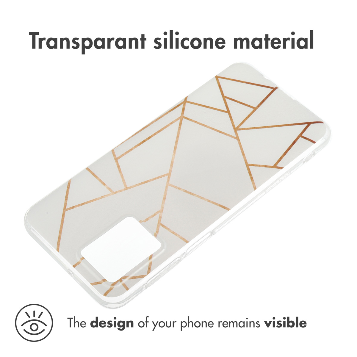 Funda de silicona transparente para teléfono con líneas geométricas doradas sobre fondo blanco.