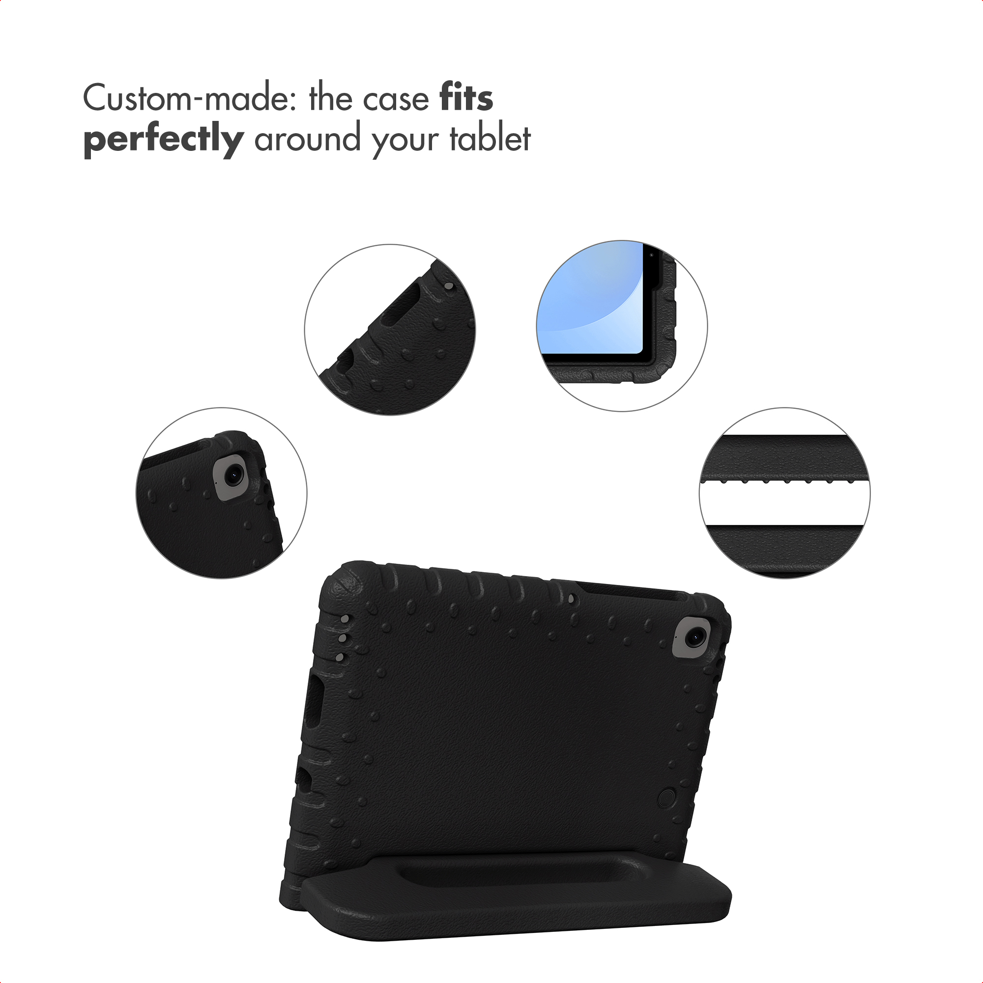 Étui de protection noir pour tablette avec quatre cercles de détail et texte indiquant un ajustement parfait.