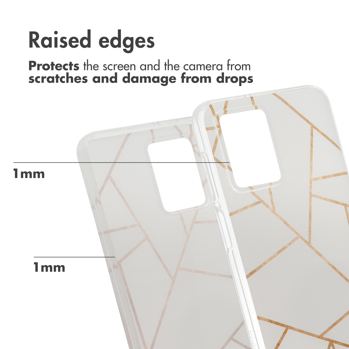 Diagrama que muestra bordes elevados de 1 mm en una funda transparente con patrón geométrico dorado.