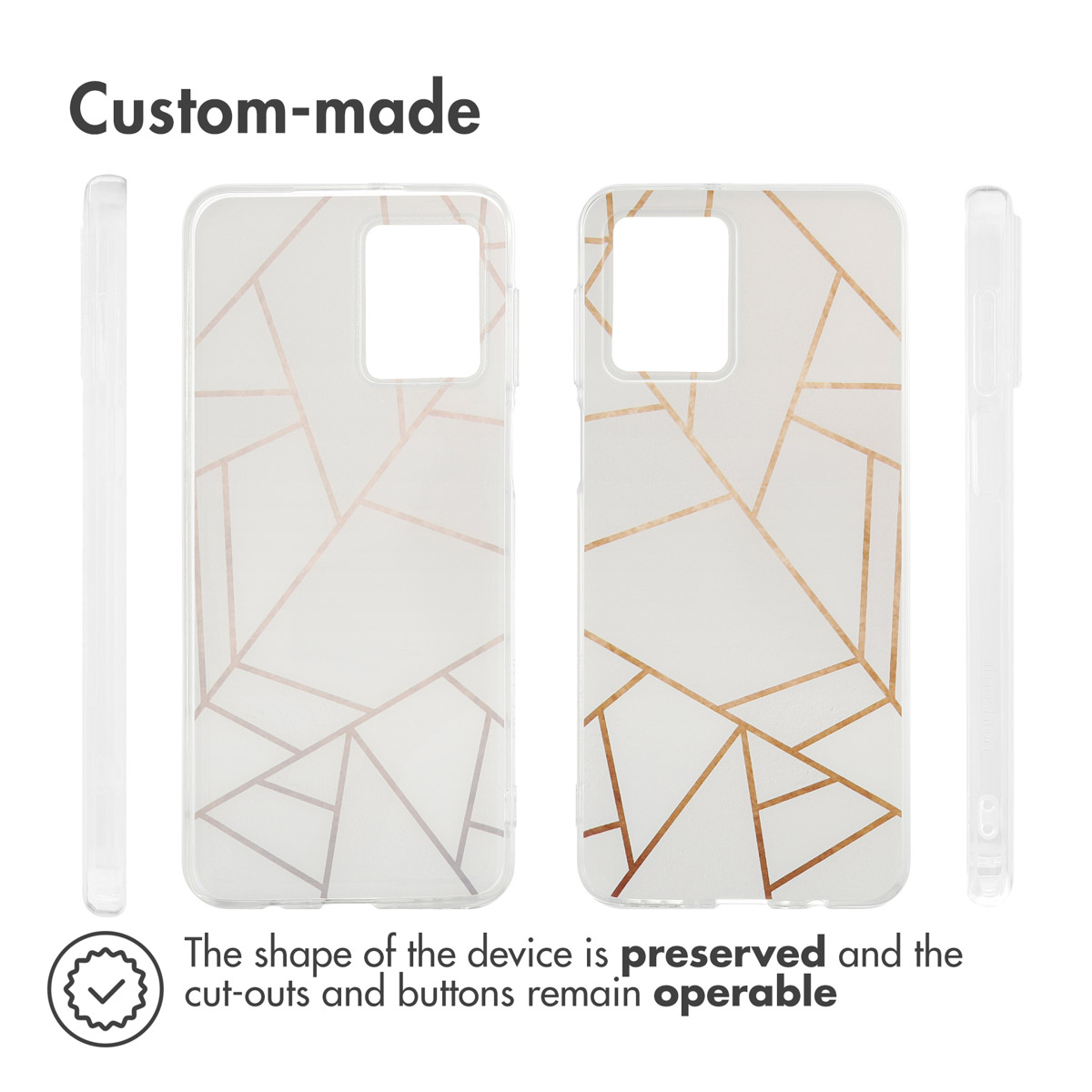 Cuatro vistas de una funda de móvil personalizada con un patrón geométrico de oro rosa sobre fondo blanco y translúcido.