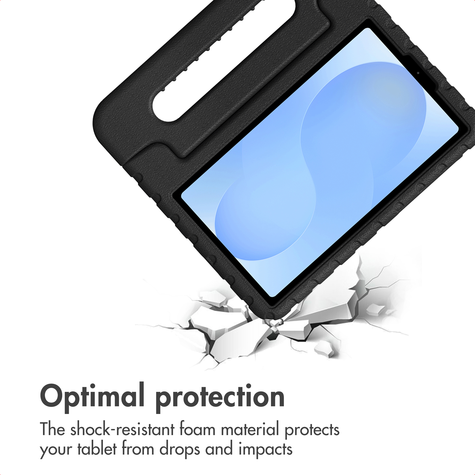 Une tablette dans une coque en mousse noire au-dessus d'une surface fissurée, avec le texte Optimal protection.