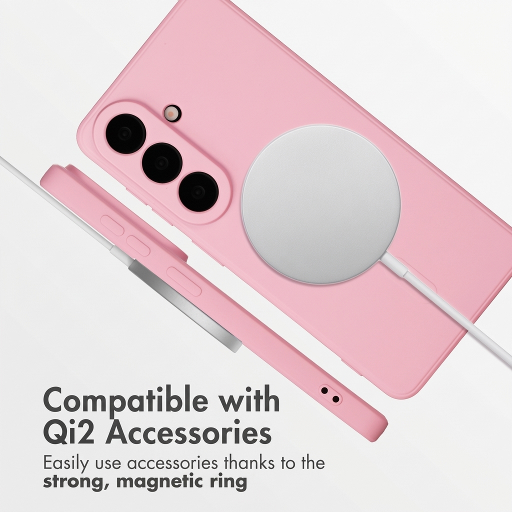 Cover rosa con caricabatterie wireless e testo: Compatibile con accessori Qi2.