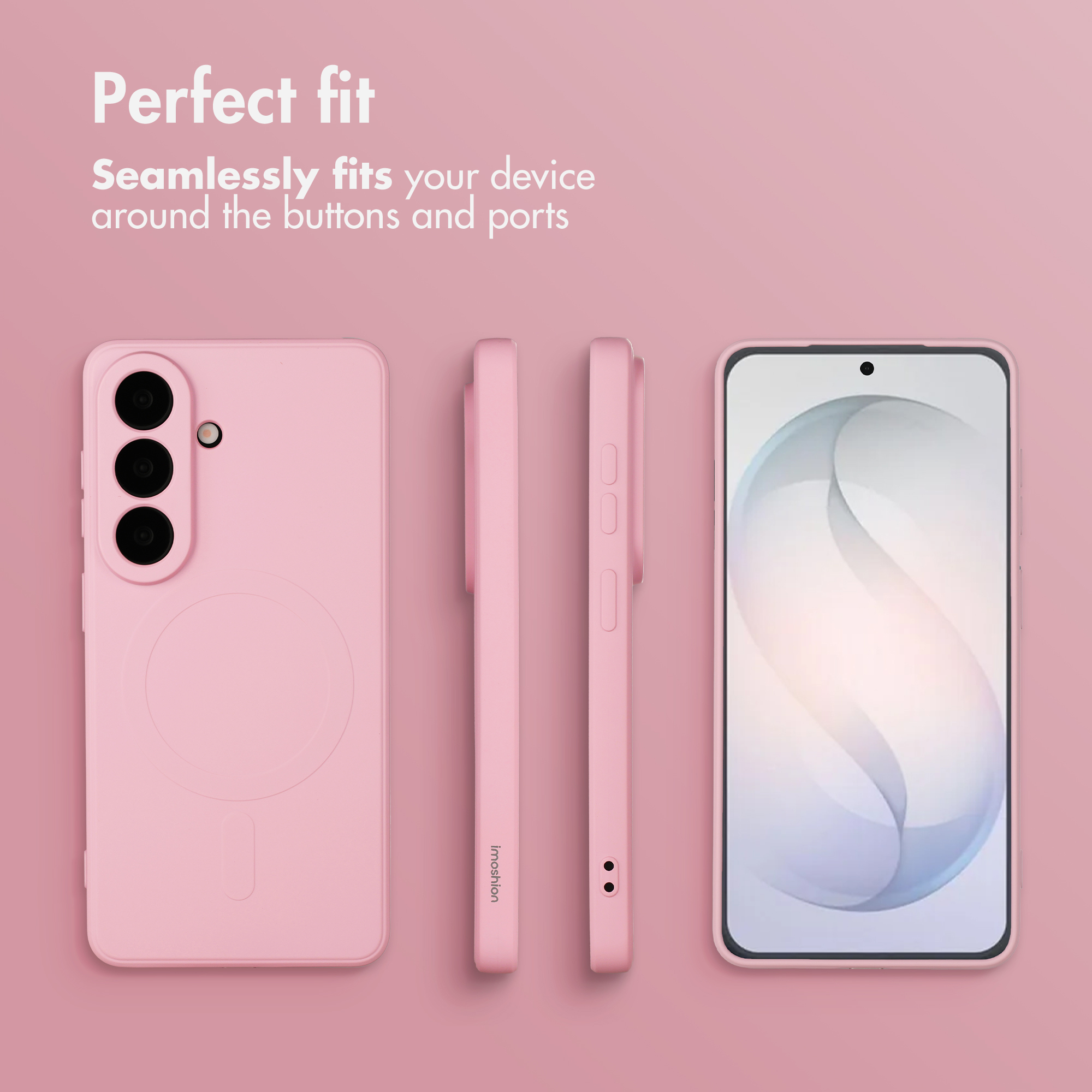 Cover per smartphone rosa mostrata da più angolazioni con il testo Perfect fit e Seamlessly fits your device.