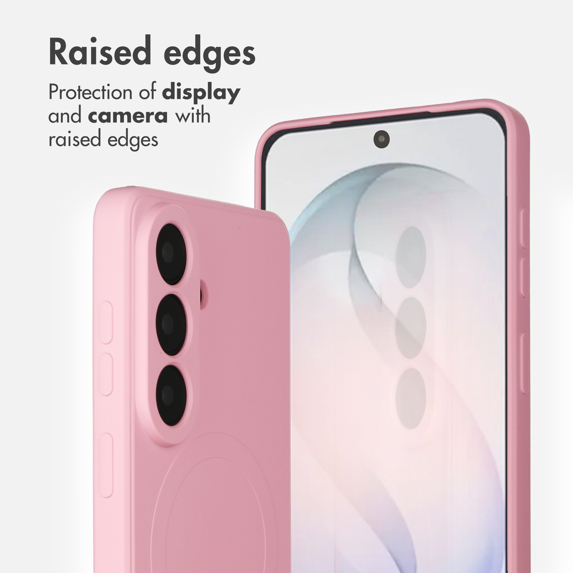 Smartphone rosa in custodia protettiva con bordi rialzati per schermo e fotocamera.