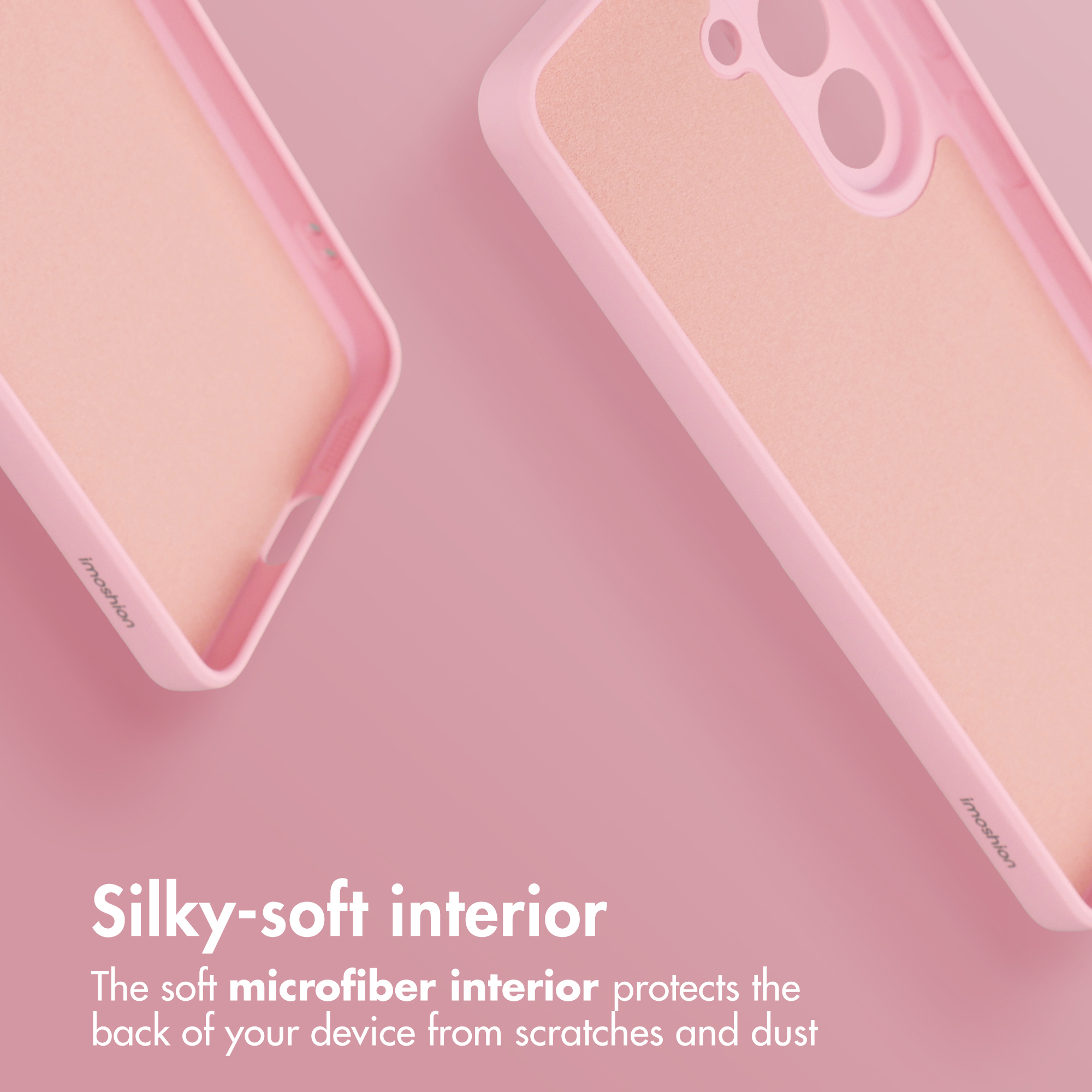 Due cover rosa su sfondo rosa, che evidenziano l'interno in morbida microfibra e la protezione.