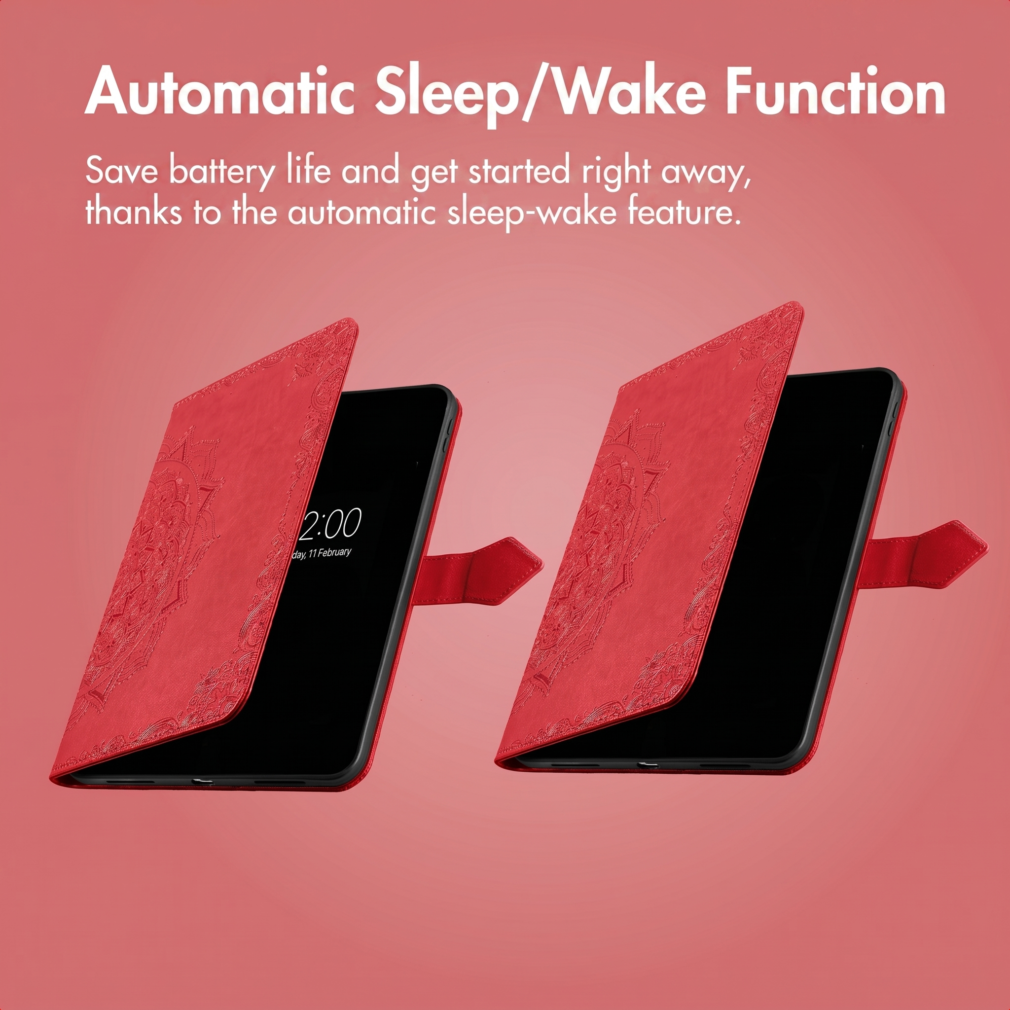 Two red tablet cases with mandala pattern and auto sleep/wake feature against a pink background.