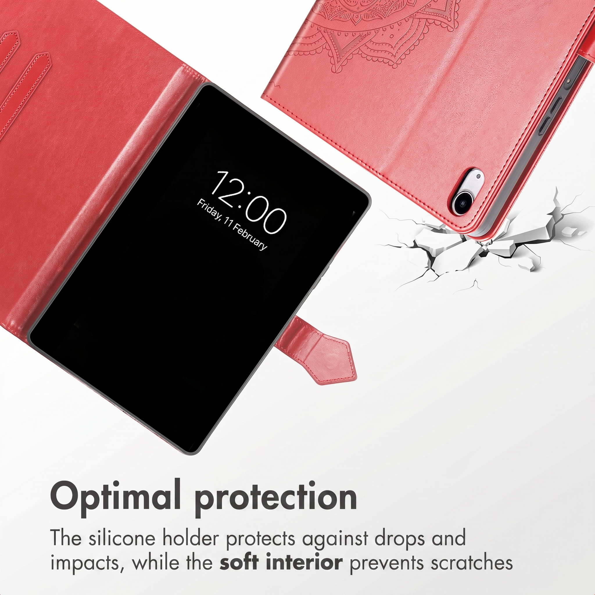Red leather tablet case with a mandala pattern displayed on a white cracked surface.