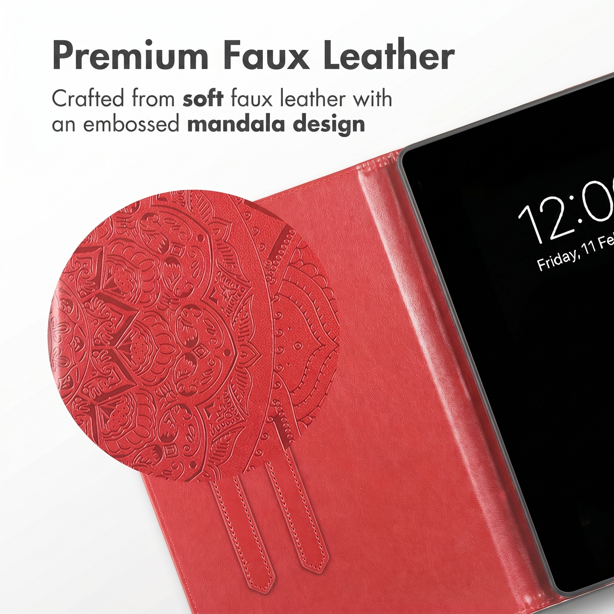 Red faux leather tablet case with embossed mandala design and text above.
