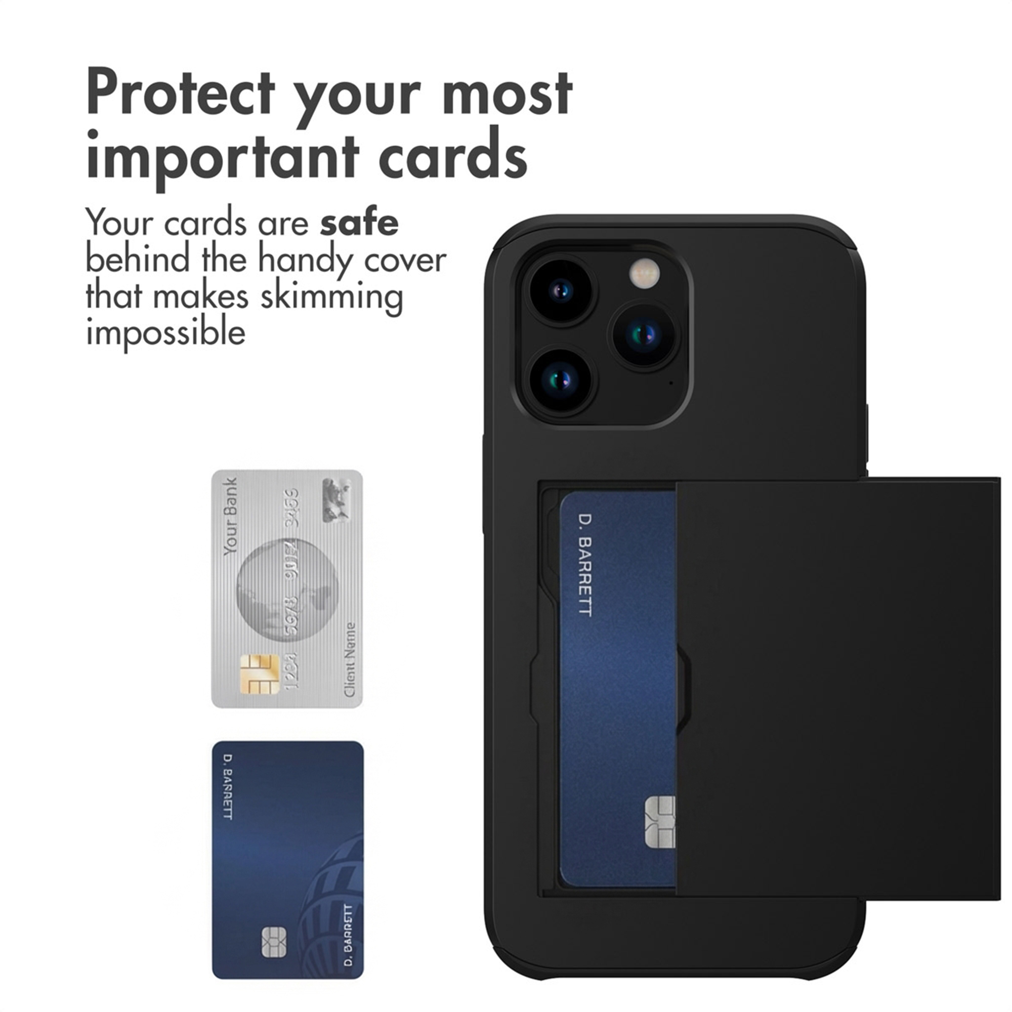 Une coque de téléphone noire avec porte-cartes coulissant montrant une carte de crédit, avec deux cartes.