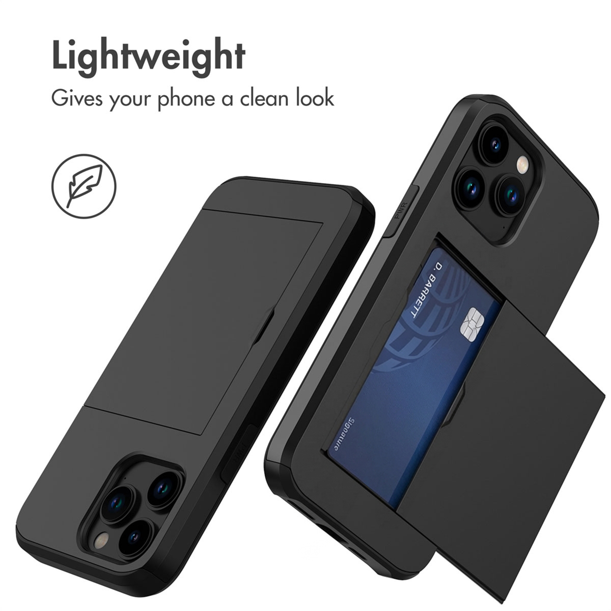 Deux coques de protection noires pour smartphones avec un compartiment pour cartes à l'arrière.
