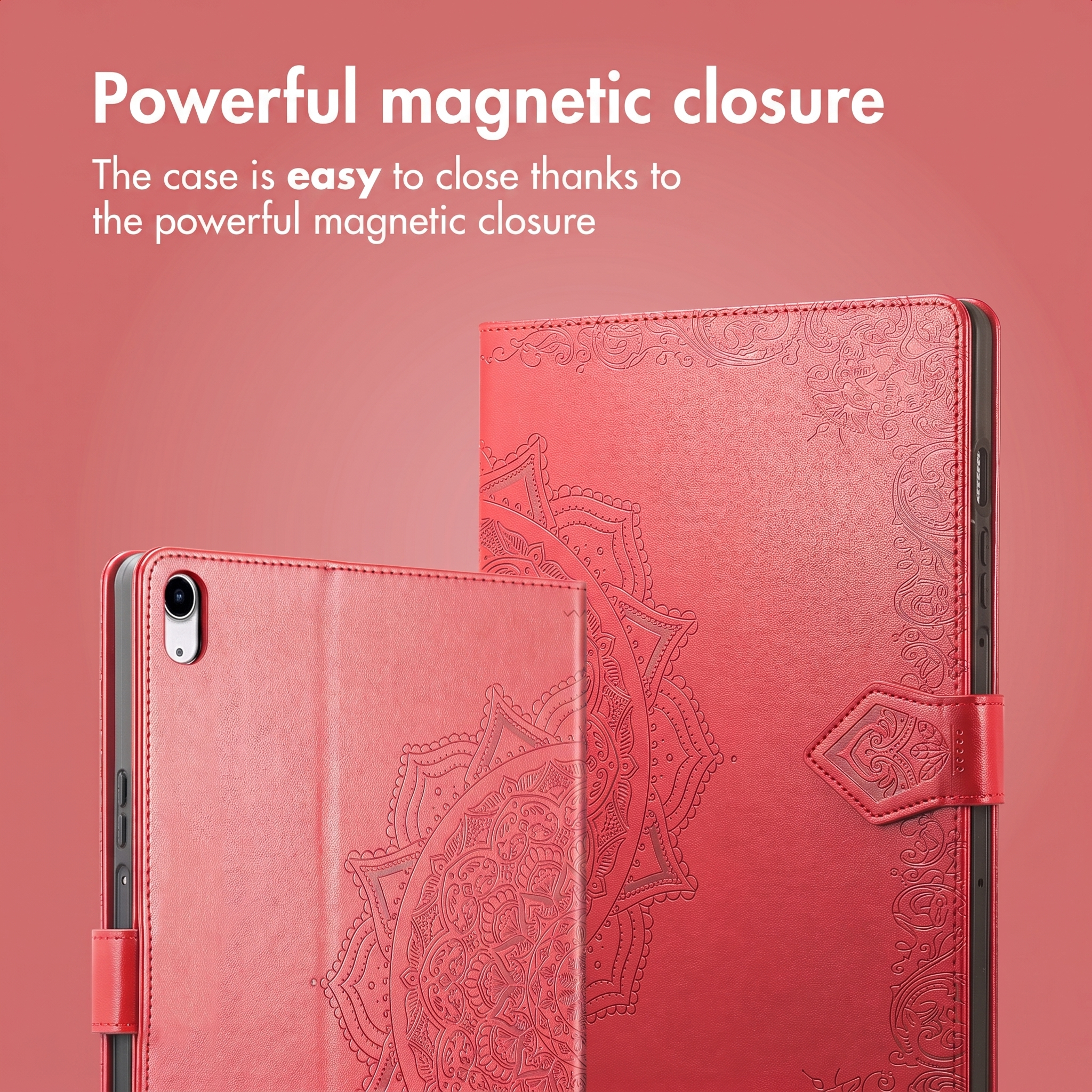 Two red tablet cases with mandala patterns against a pink background.
