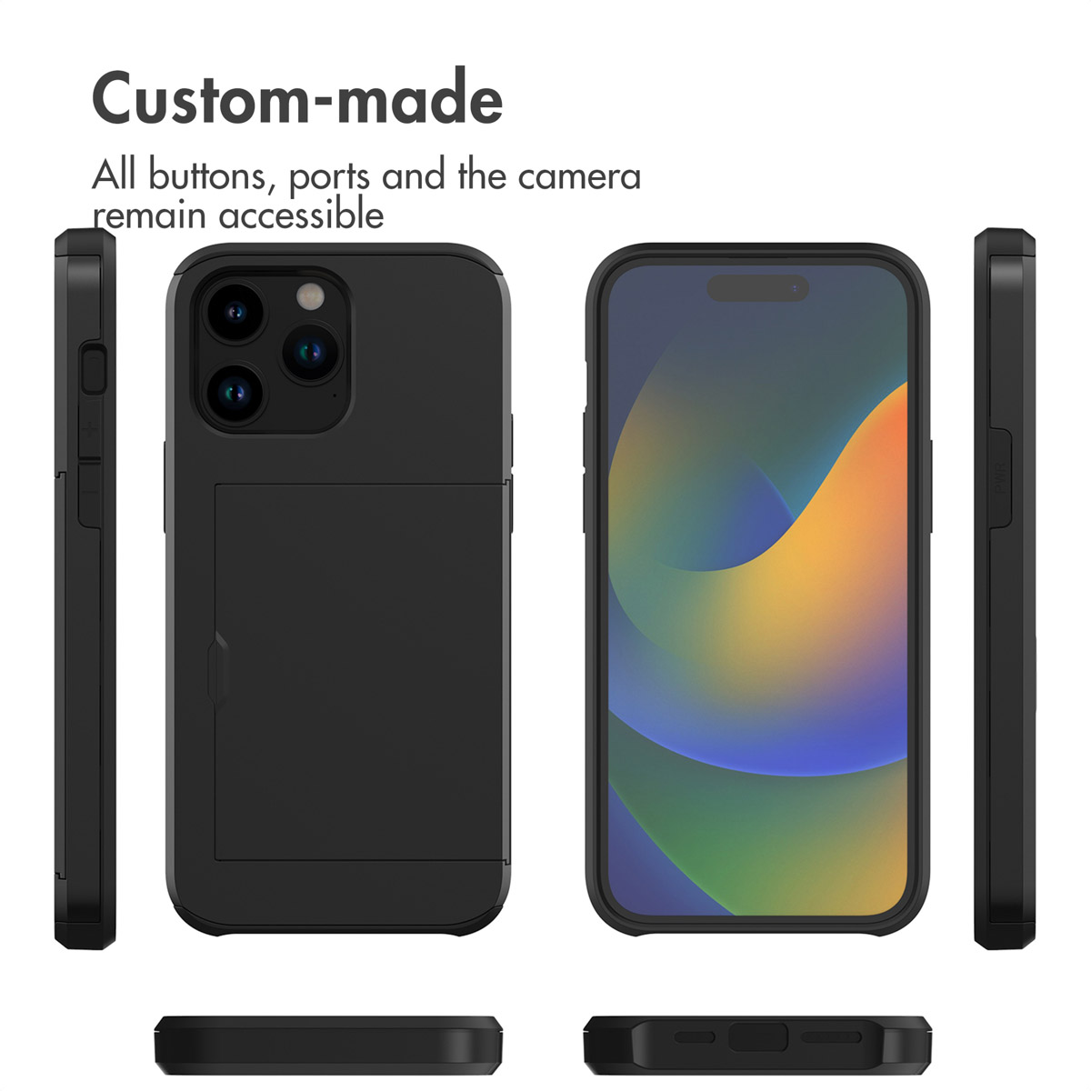 Coque de téléphone noire avec fente pour carte, montrant les vues avant, arrière et latérales.