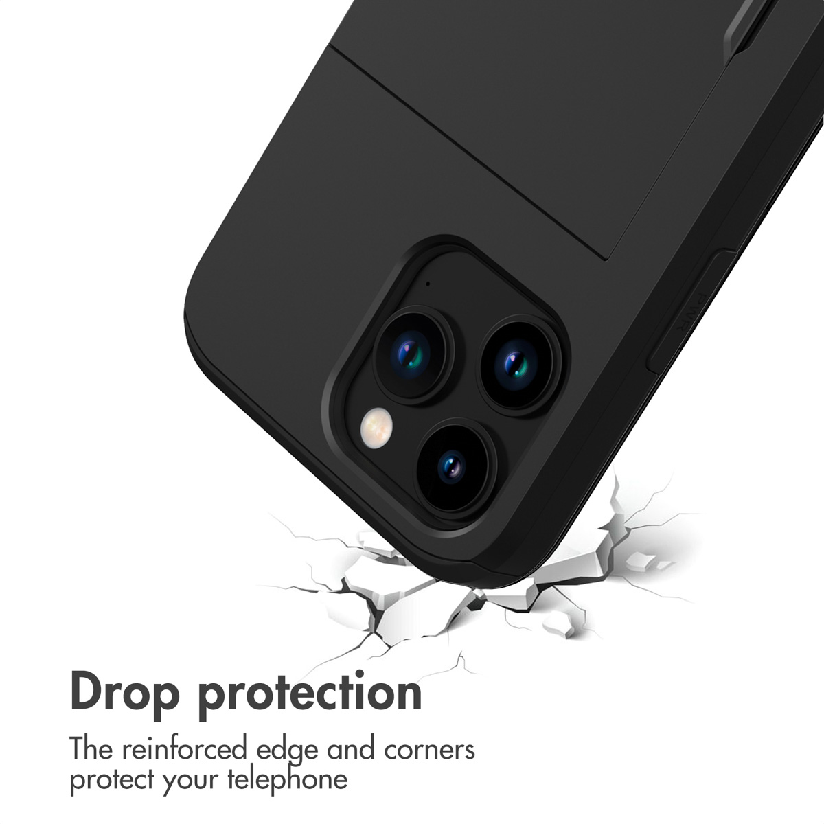 Une coque de téléphone noire avec texte de protection antichute.