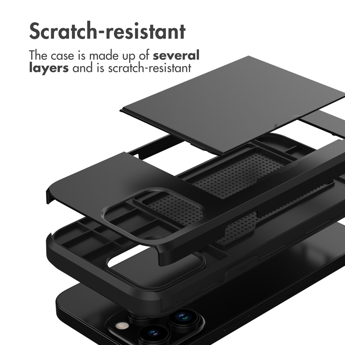 Vue éclatée d'une coque de protection multicouche résistante aux rayures pour smartphone avec découpe caméra.