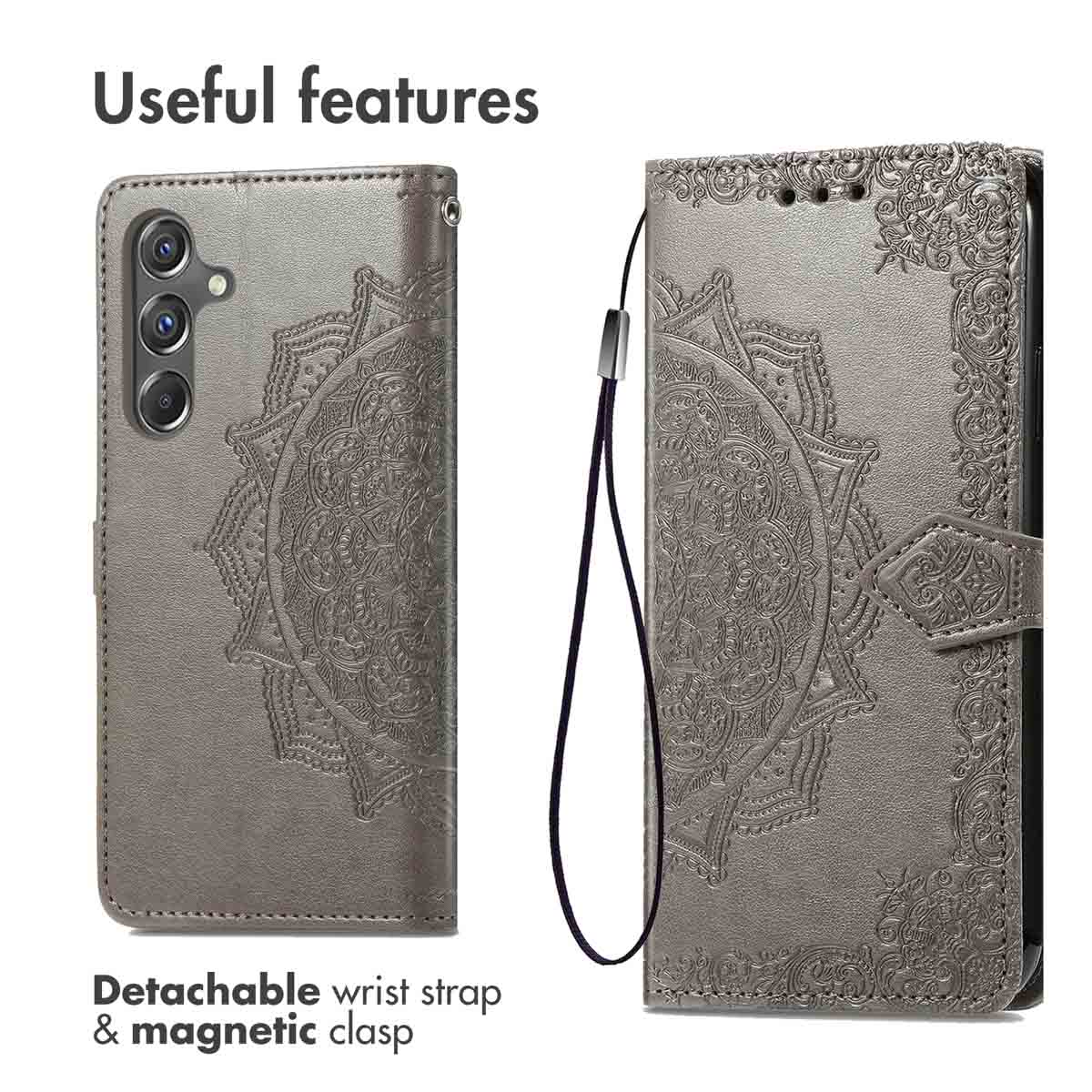 Funda de móvil de cuero gris con relieve de mandala, correa y cierre magnético.