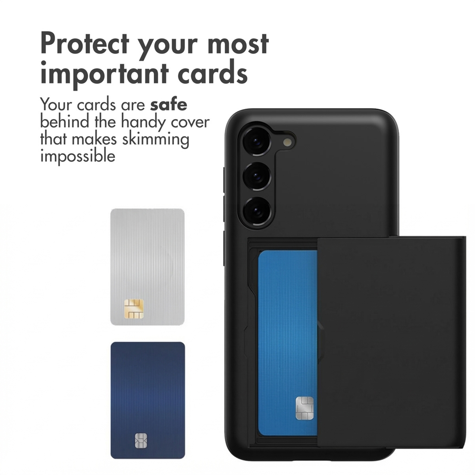 Funda de móvil negra con tarjetero integrado y texto de protección.