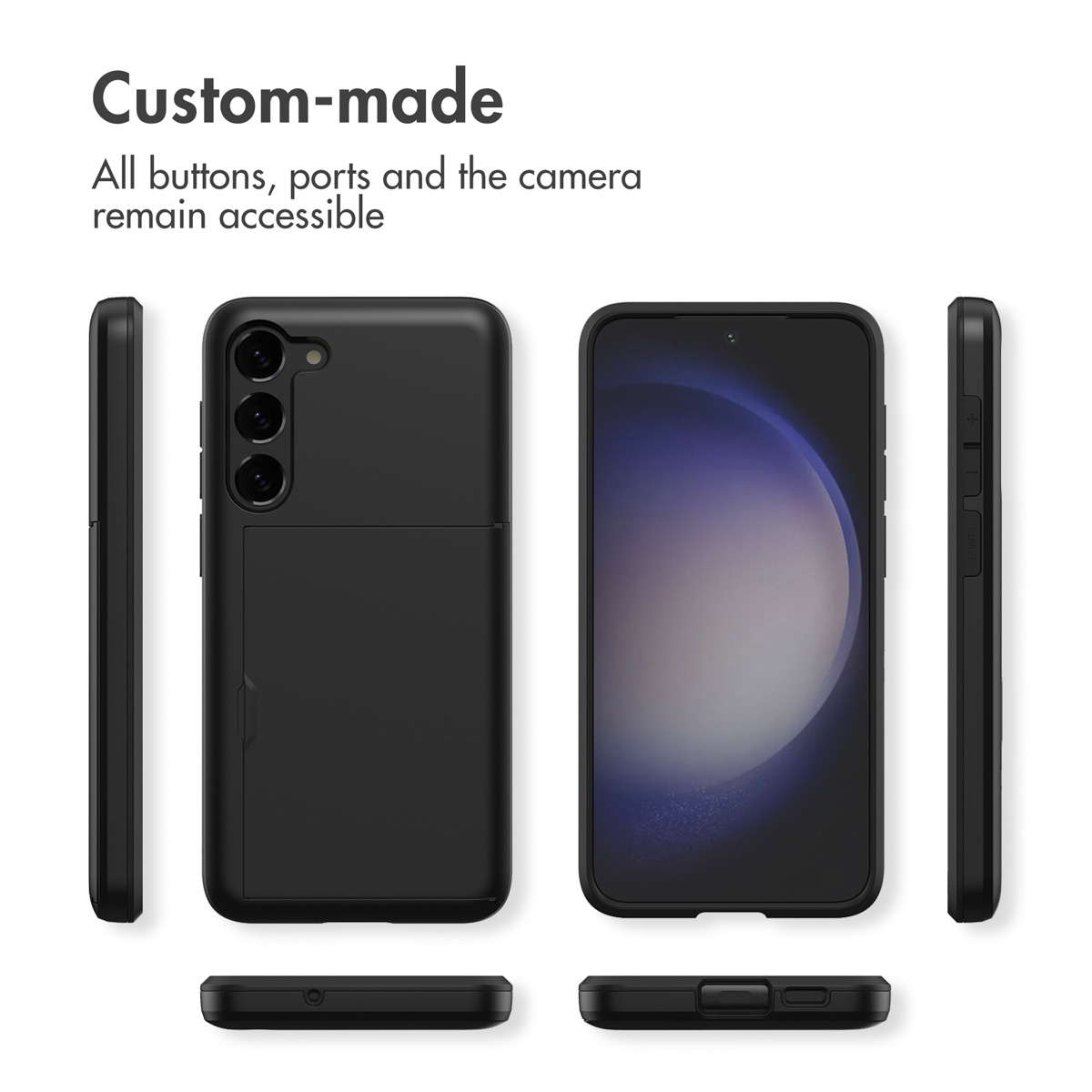 Funda de móvil negra con tarjetero, vista desde varios ángulos con texto.