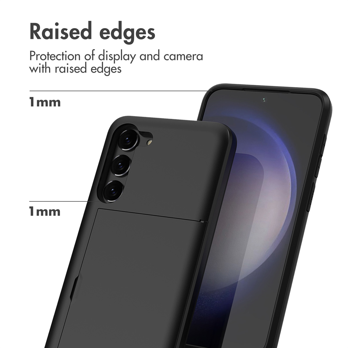 Funda de móvil negra con bordes elevados de 1mm que protegen pantalla y cámara.
