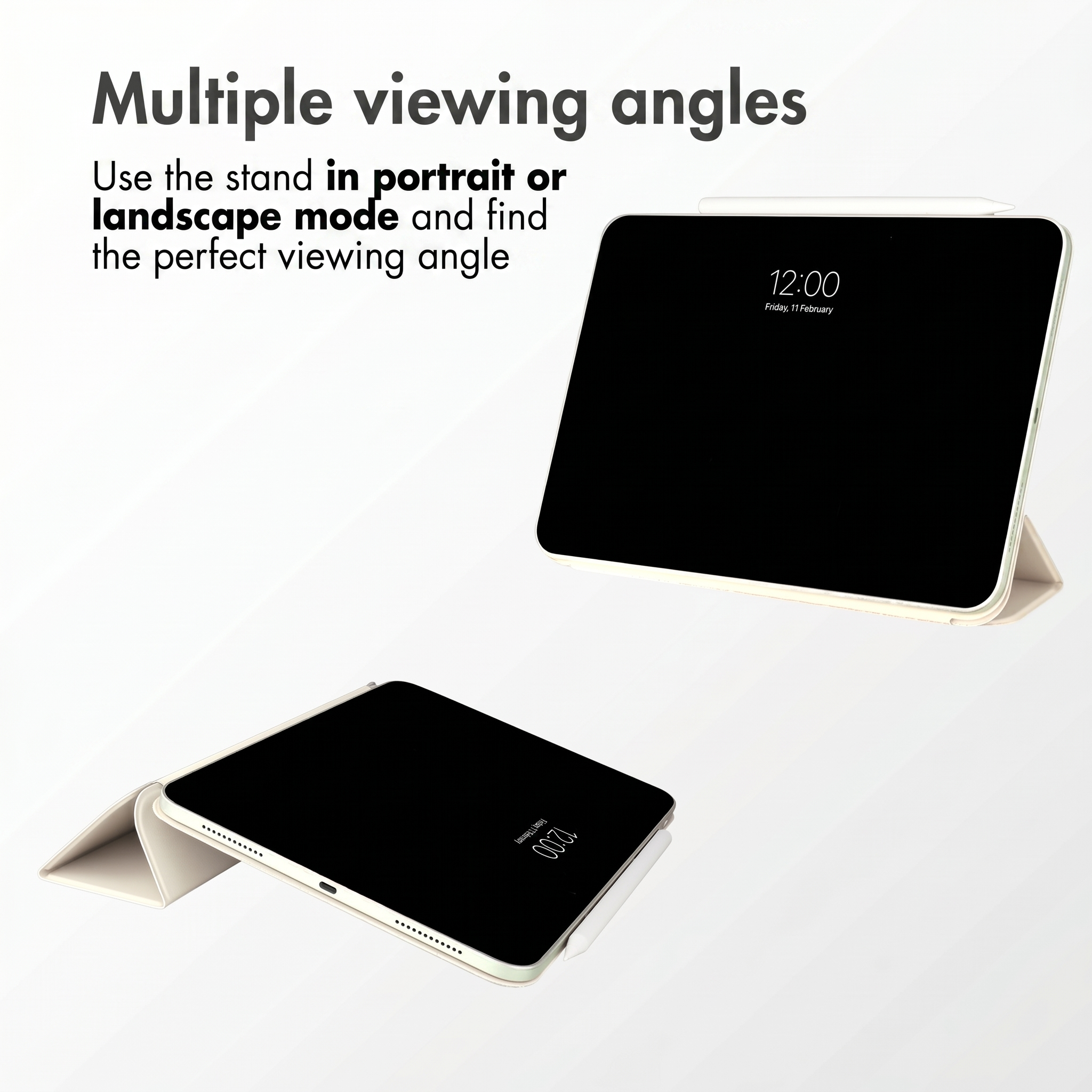 An image showing a tablet in a beige case displayed in portrait and landscape modes with promotional text above.