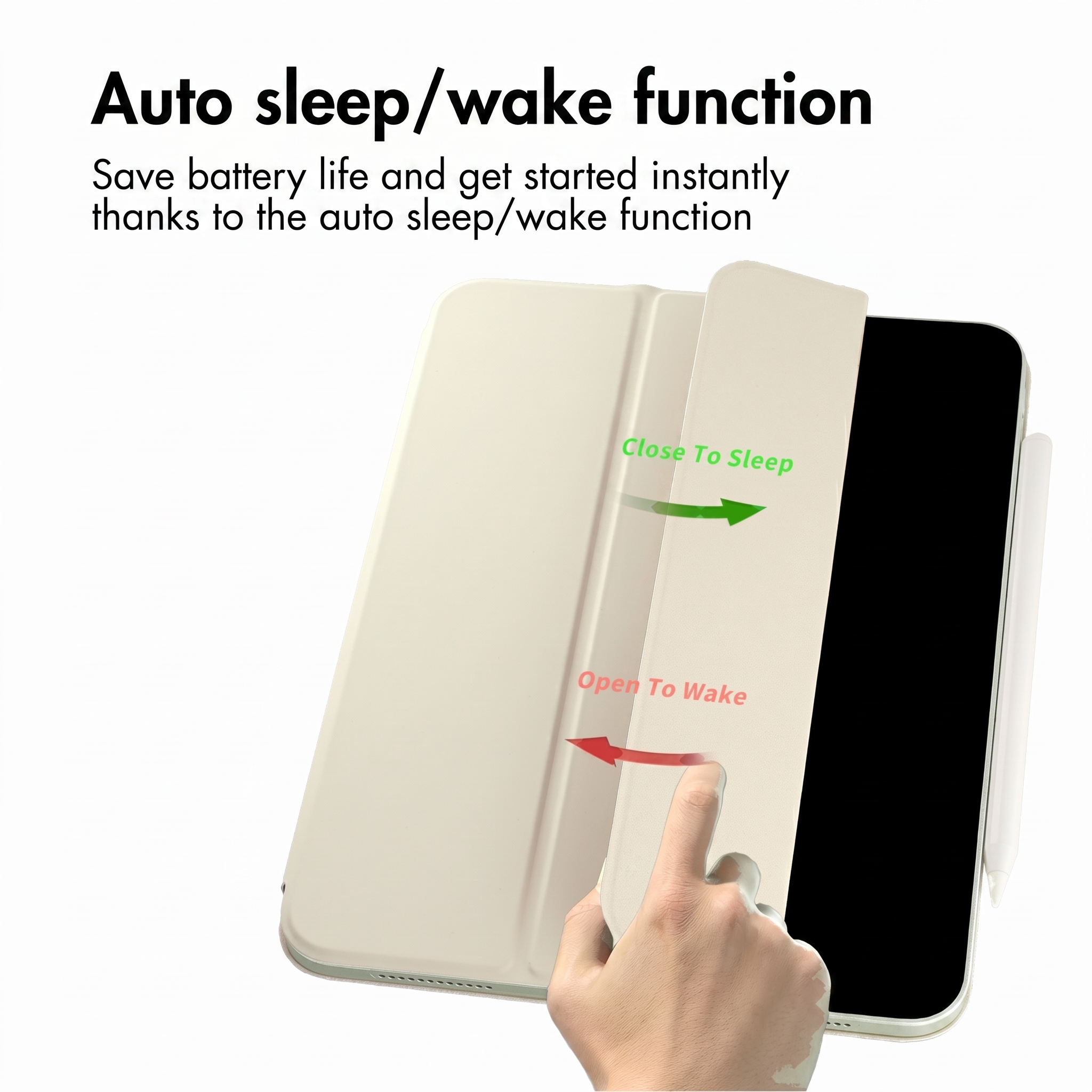 Hand opens the beige tablet case to wake the screen. Text explains the auto sleep/wake function.