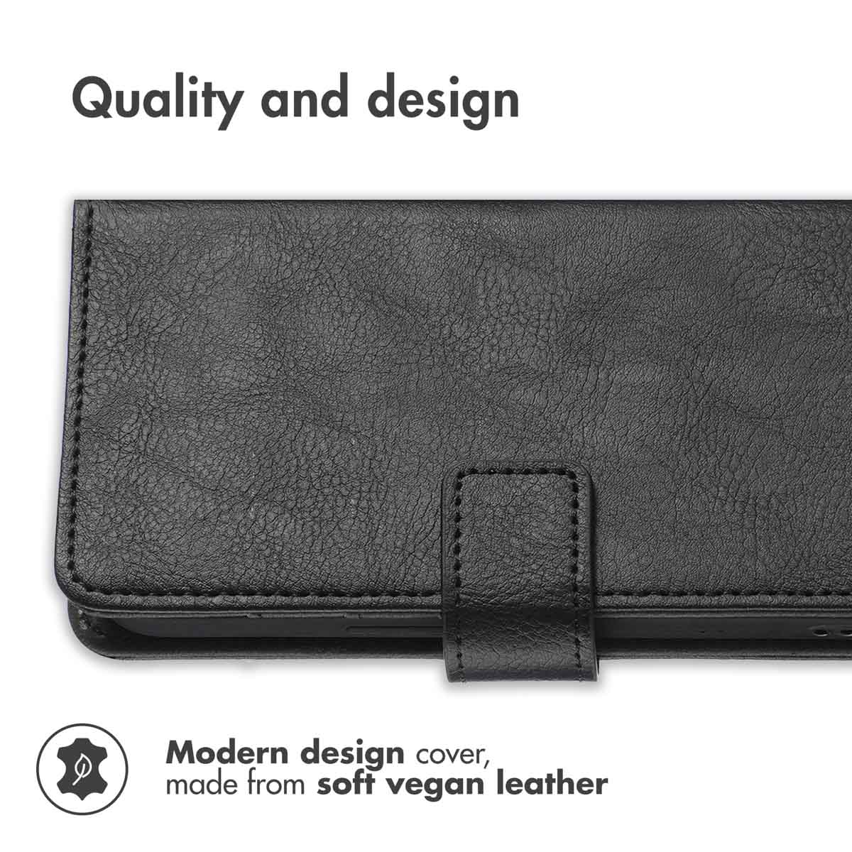 Une coque de téléphone en cuir vegan noir avec une languette magnétique et le texte Quality and design.