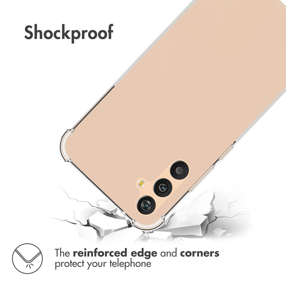 Uno smartphone beige in custodia protettiva su piastrelle rotte con testo sugli angoli rinforzati.