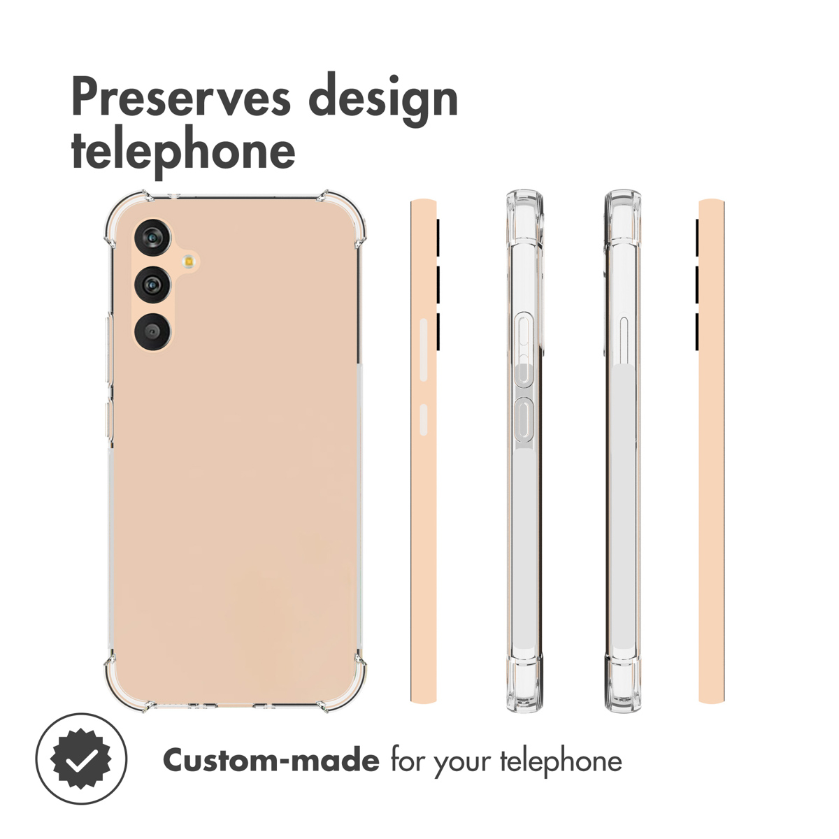 Custodia protettiva trasparente per smartphone beige mostrata da varie angolazioni.