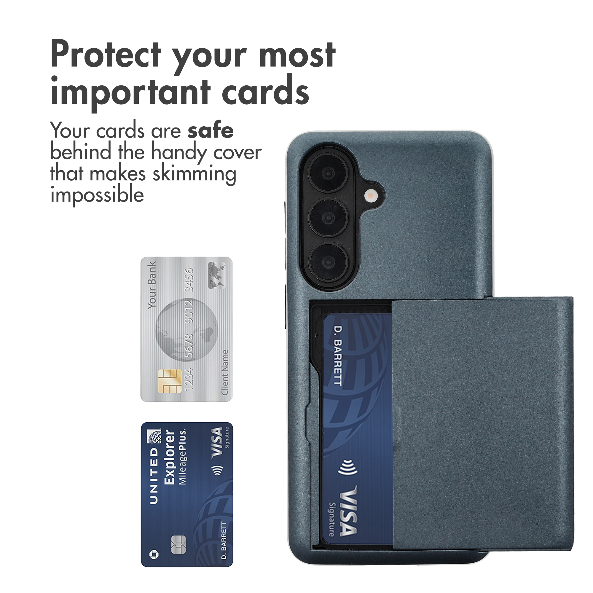 Funda azul para smartphone con ranura para tarjetas en la parte trasera, junto a dos tarjetas y texto.