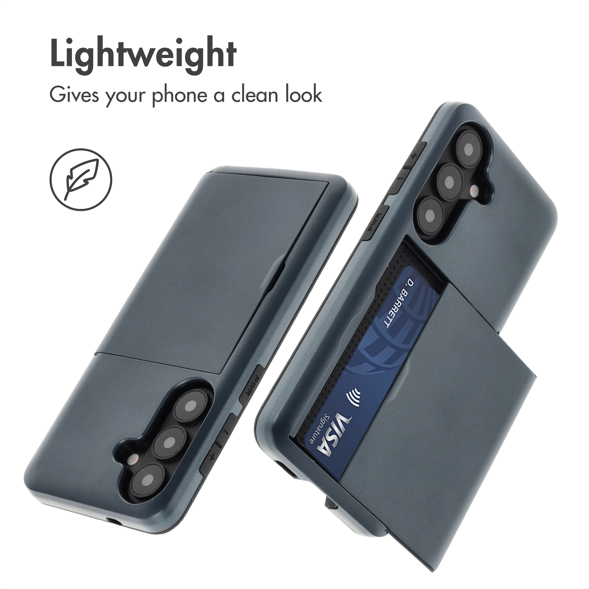 Dos fundas grises para smartphones, una con ranura para tarjetas y una tarjeta de crédito, sobre fondo blanco.