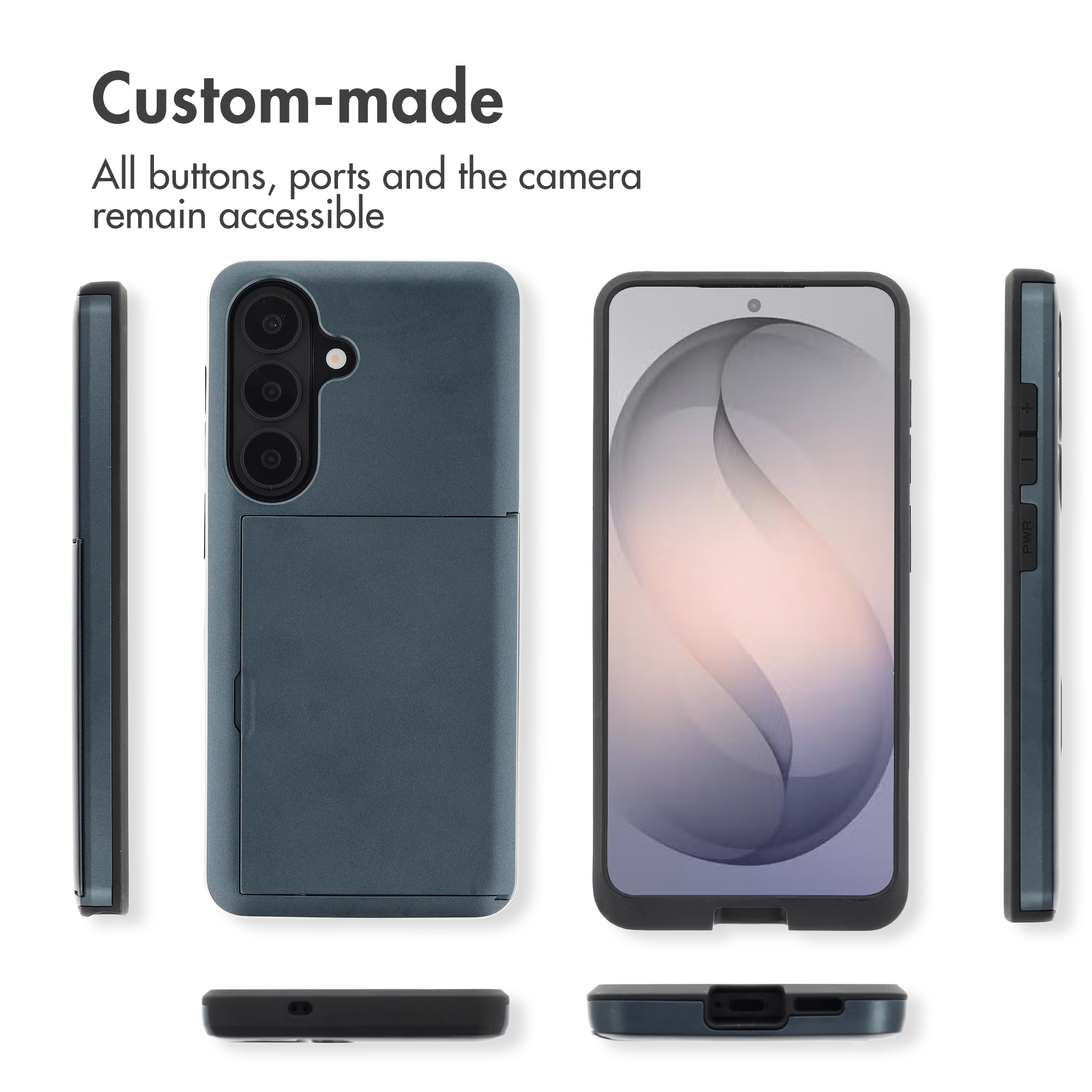 Ángulos de una funda de smartphone gris, mostrando frente, parte trasera y laterales accesibles.