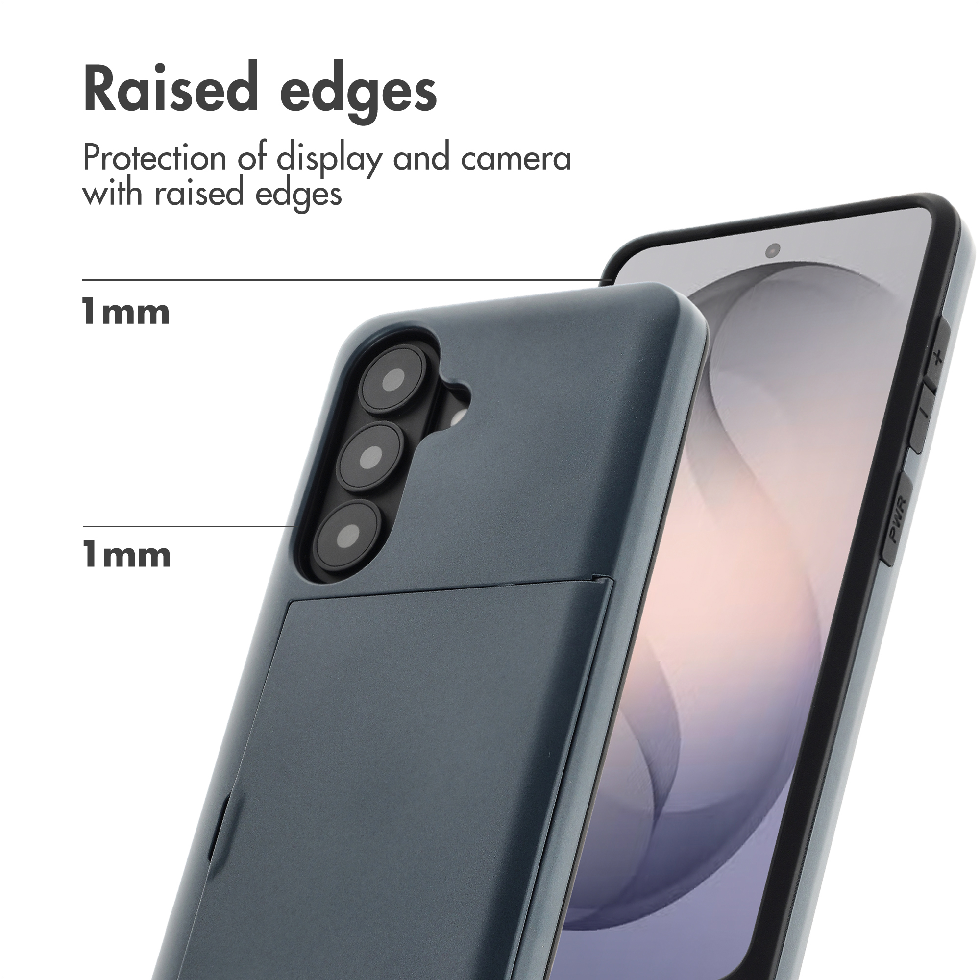 Un smartphone en funda azul oscura con bordes elevados de 1 mm para proteger cámara y pantalla.