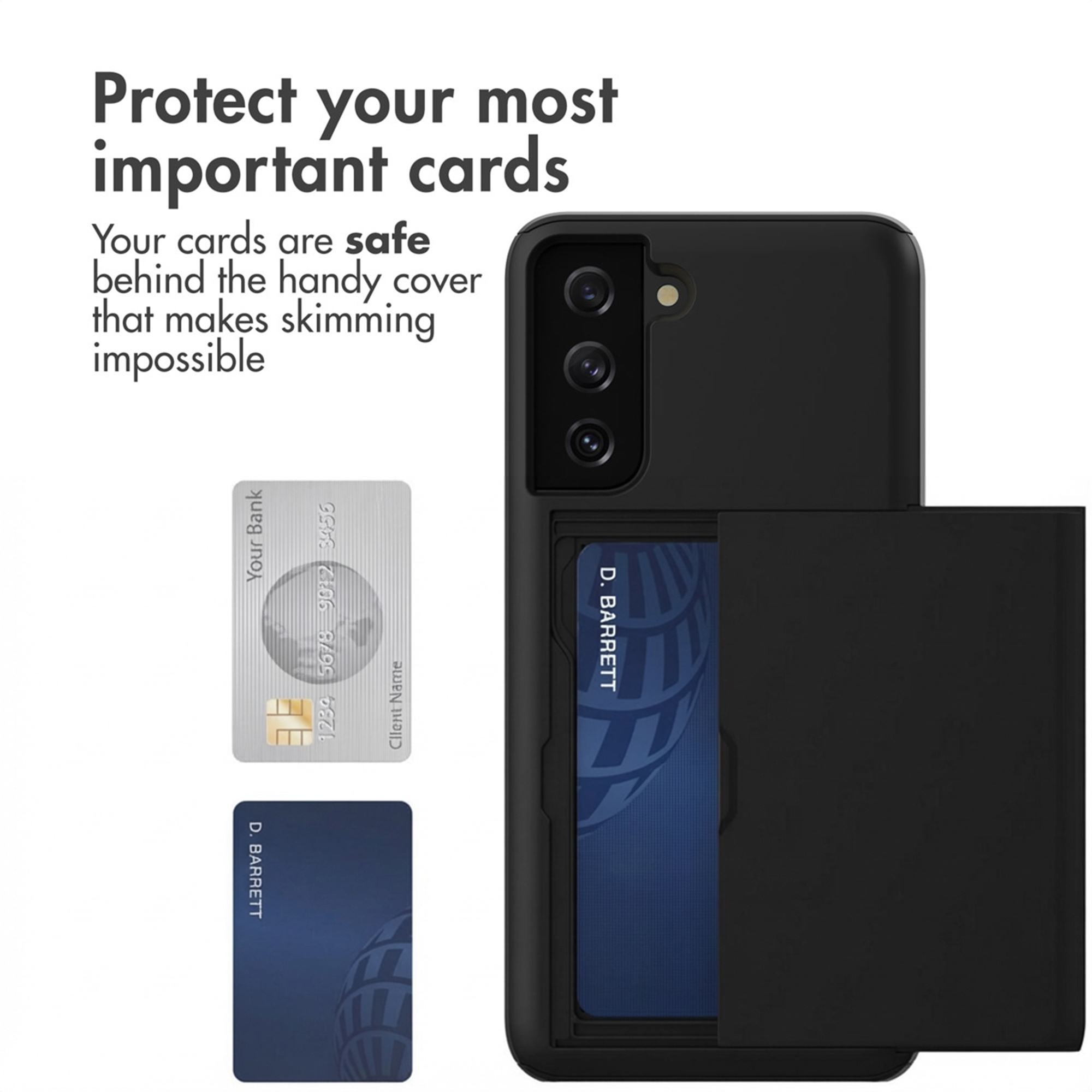 Coque de protection noire avec fente pour carte à l'arrière, texte et deux cartes à gauche.