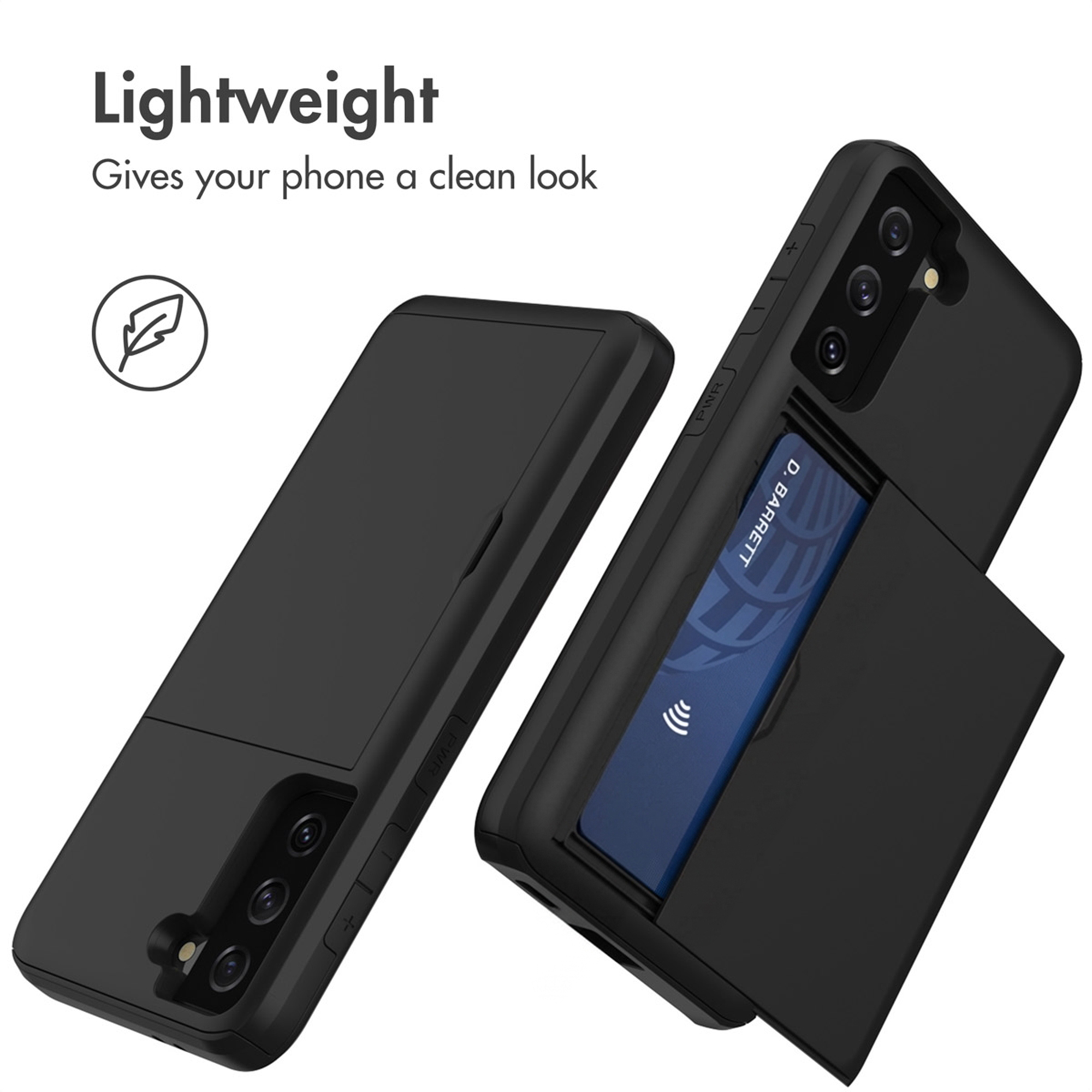 Coque de téléphone noire légère avec porte-cartes intégré à l'arrière.