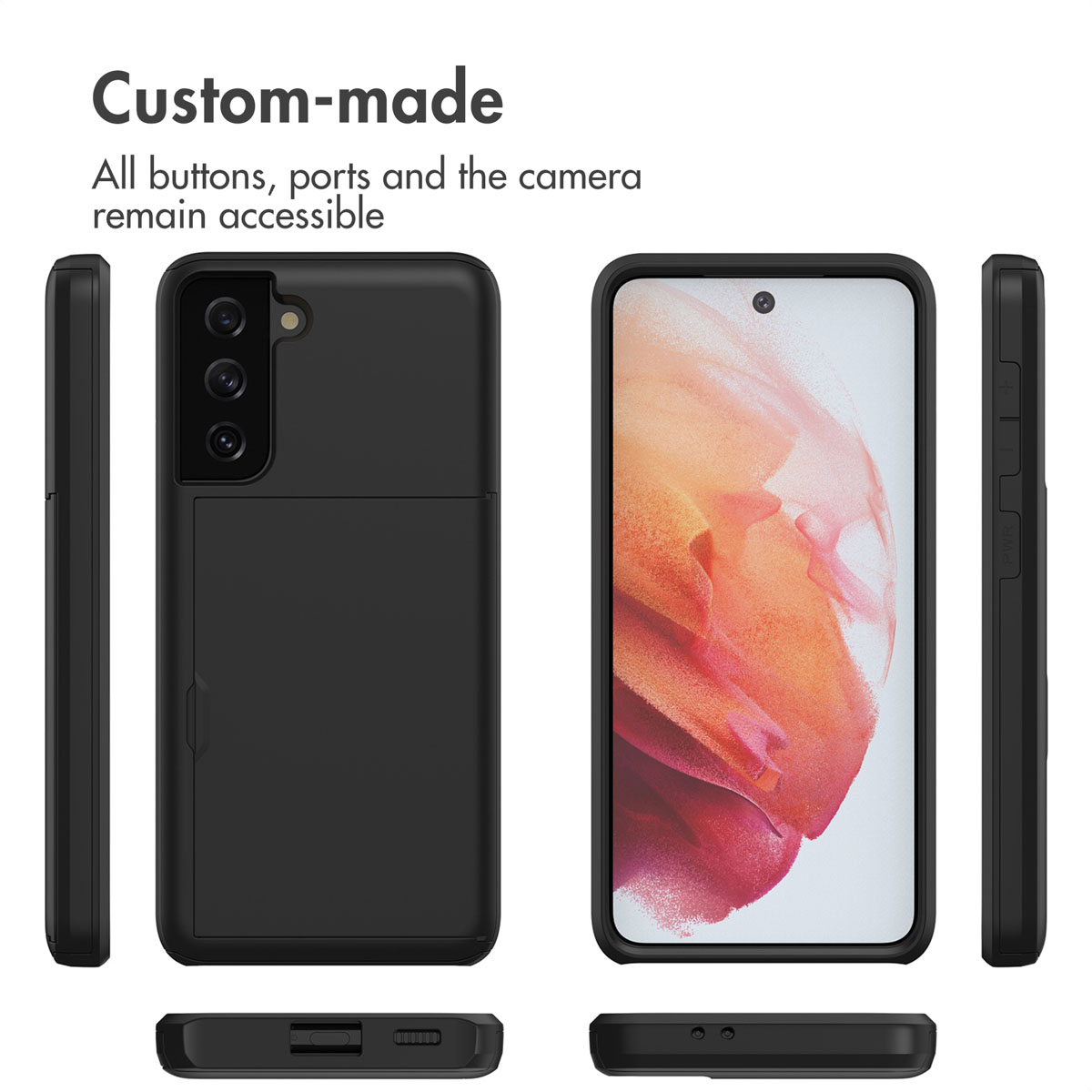 Coque de smartphone noire sous plusieurs angles avec boutons et ports accessibles.