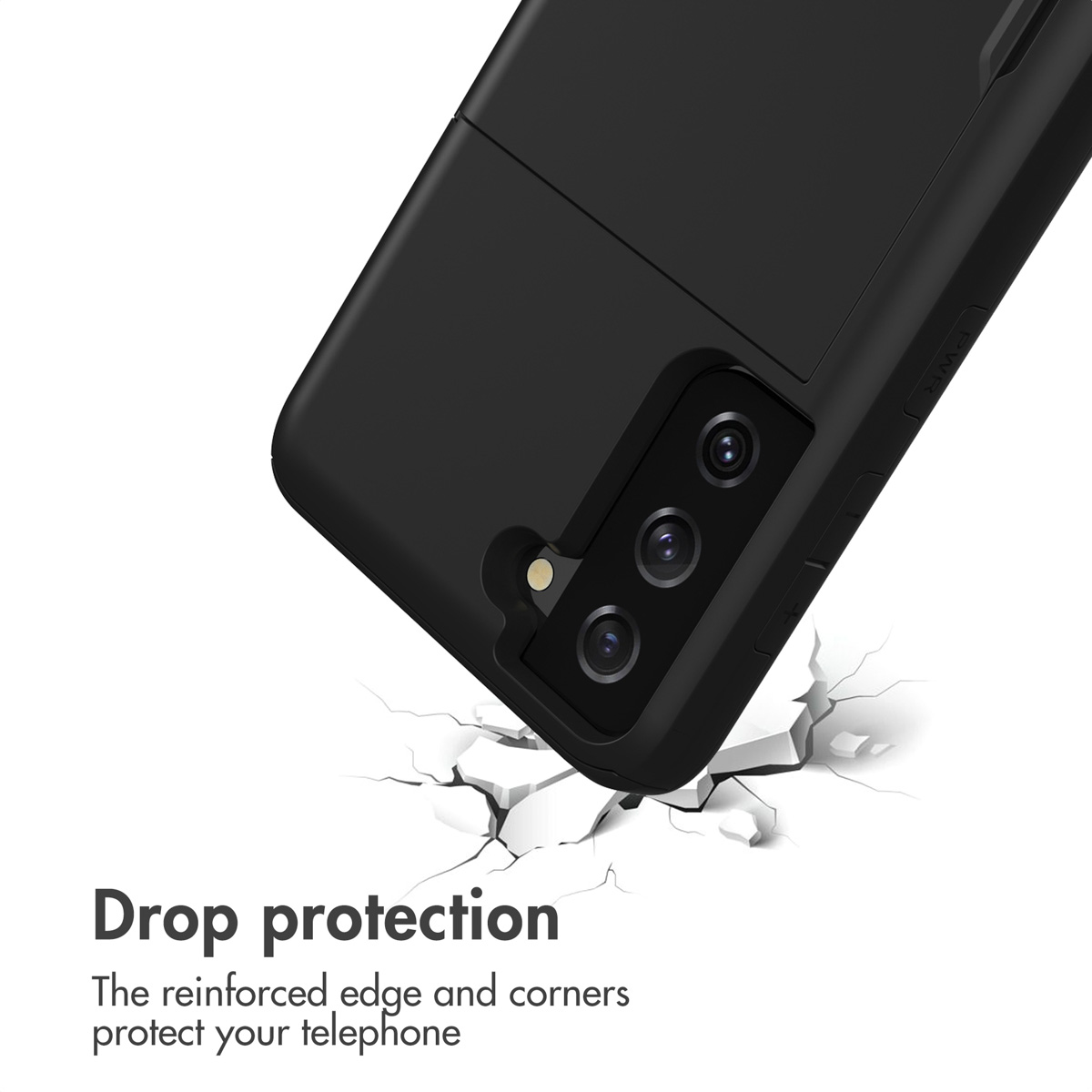 Une coque de smartphone noire au-dessus d'un sol blanc craquelé, illustrant la protection contre les chutes.
