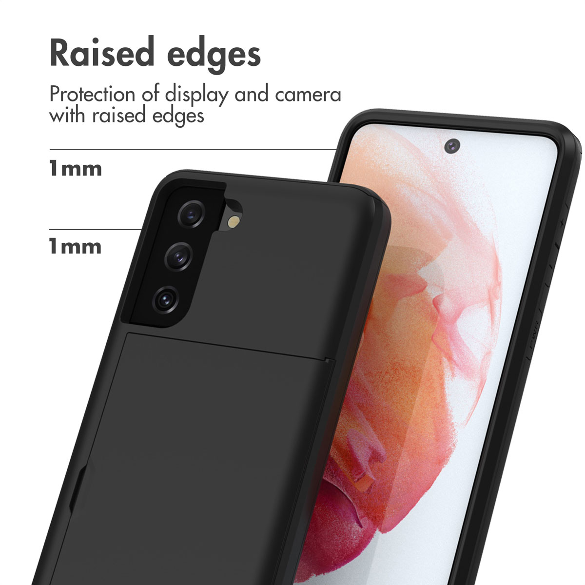 Un smartphone dans une coque noire avec des bords surélevés de 1 mm protégeant écran et caméra.