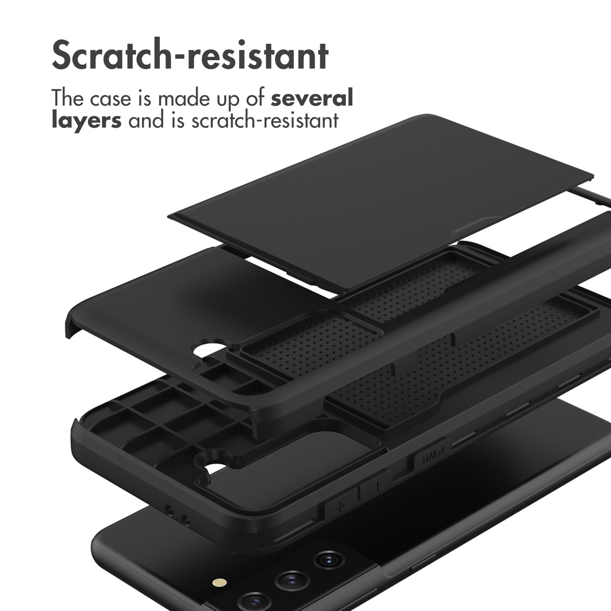 Vue éclatée d'une coque de téléphone noire multicouche résistante aux rayures.
