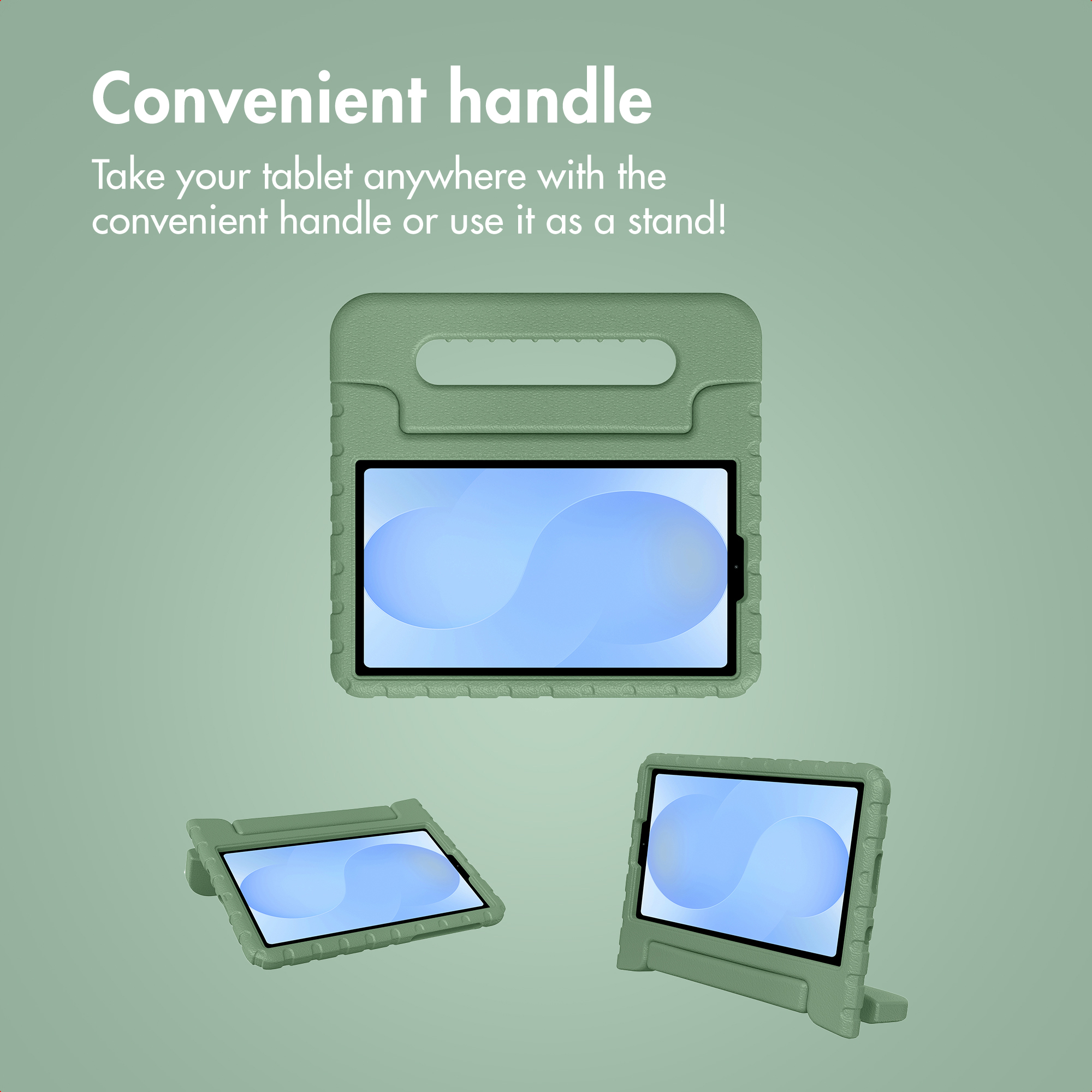 Coque de tablette verte avec poignée servant aussi de support, montrée sous trois angles sur fond vert.
