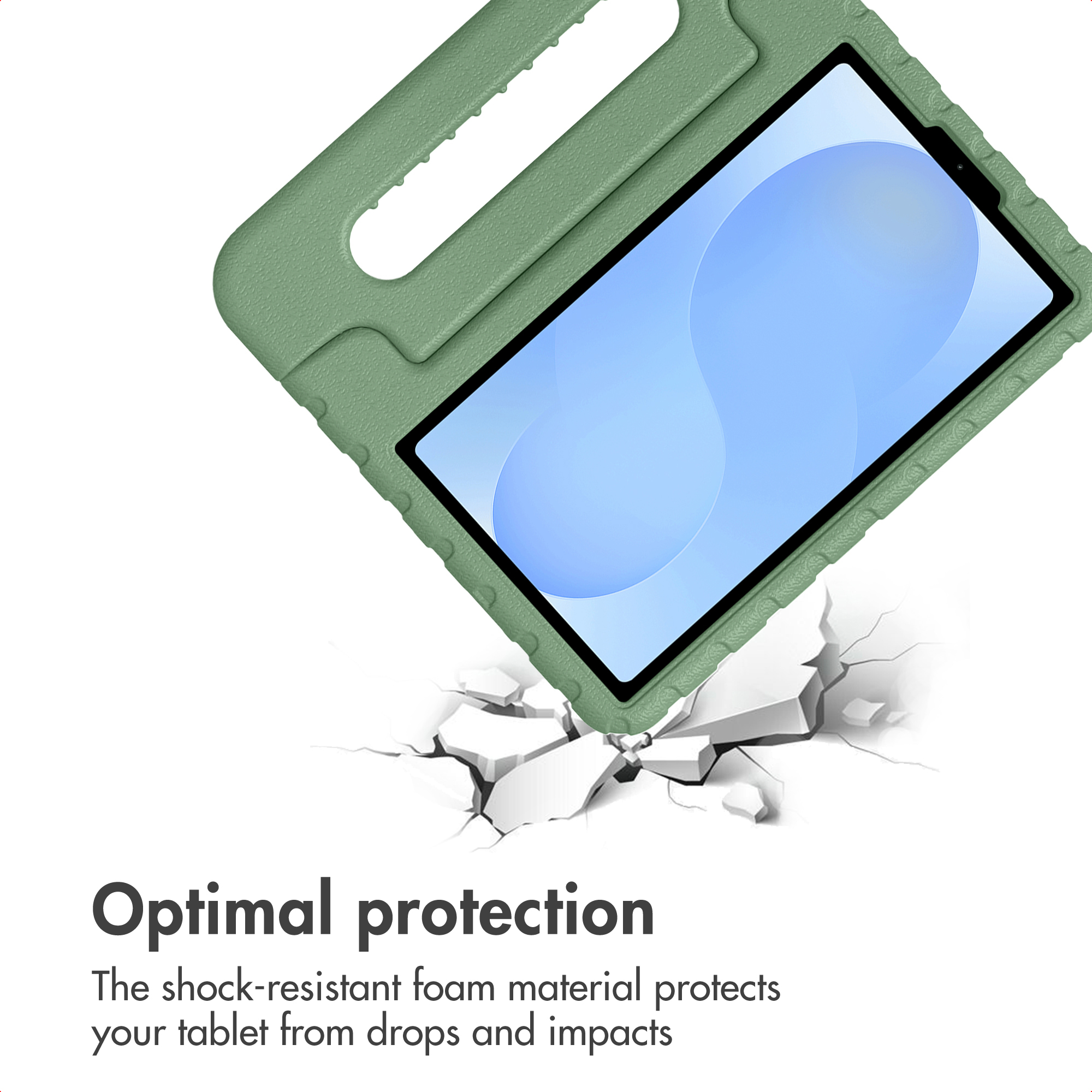 Une tablette dans une coque en mousse verte flotte au-dessus d'un sol fissuré, illustrant la protection.