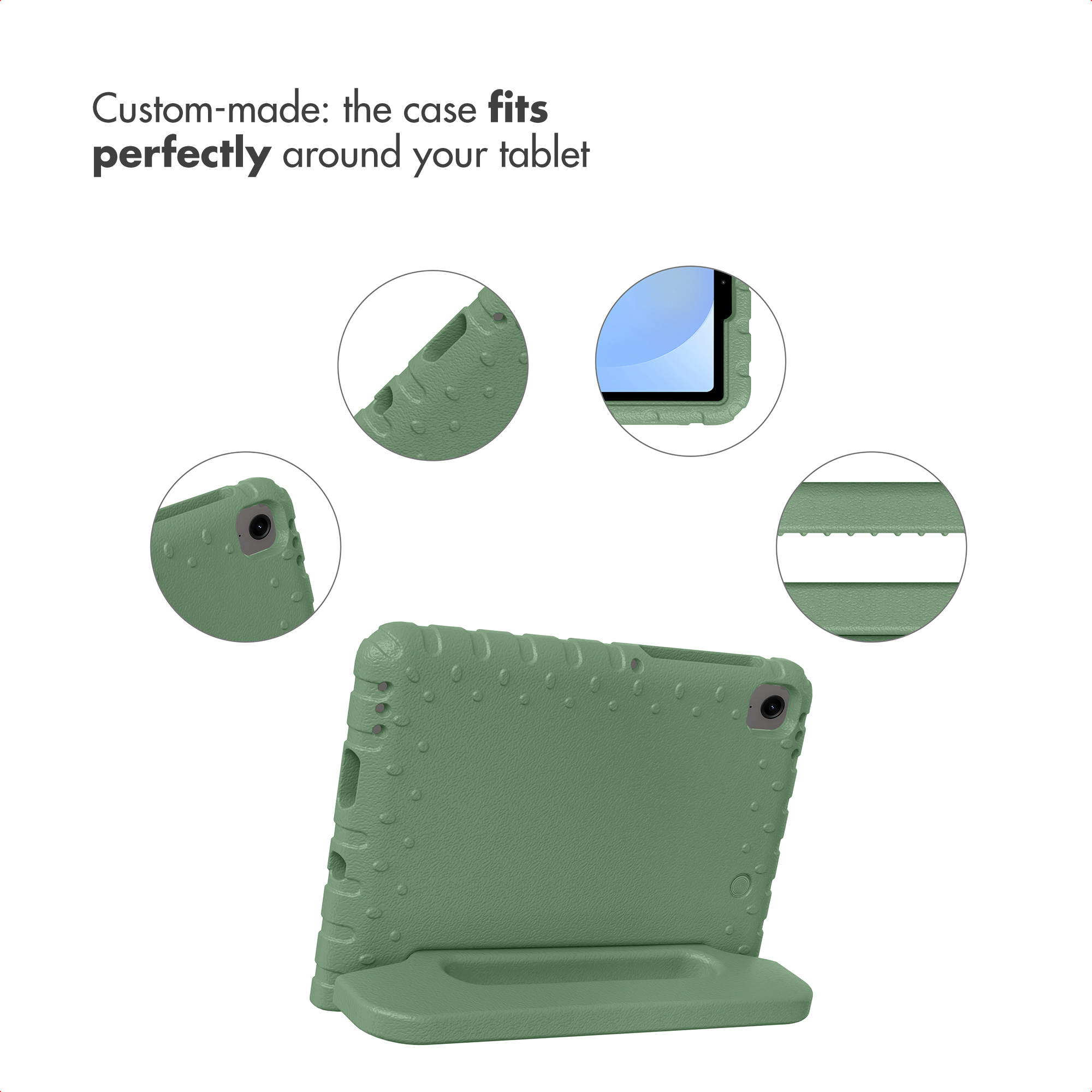 Une coque de tablette verte texturée avec support, avec quatre découpes circulaires montrant les détails.