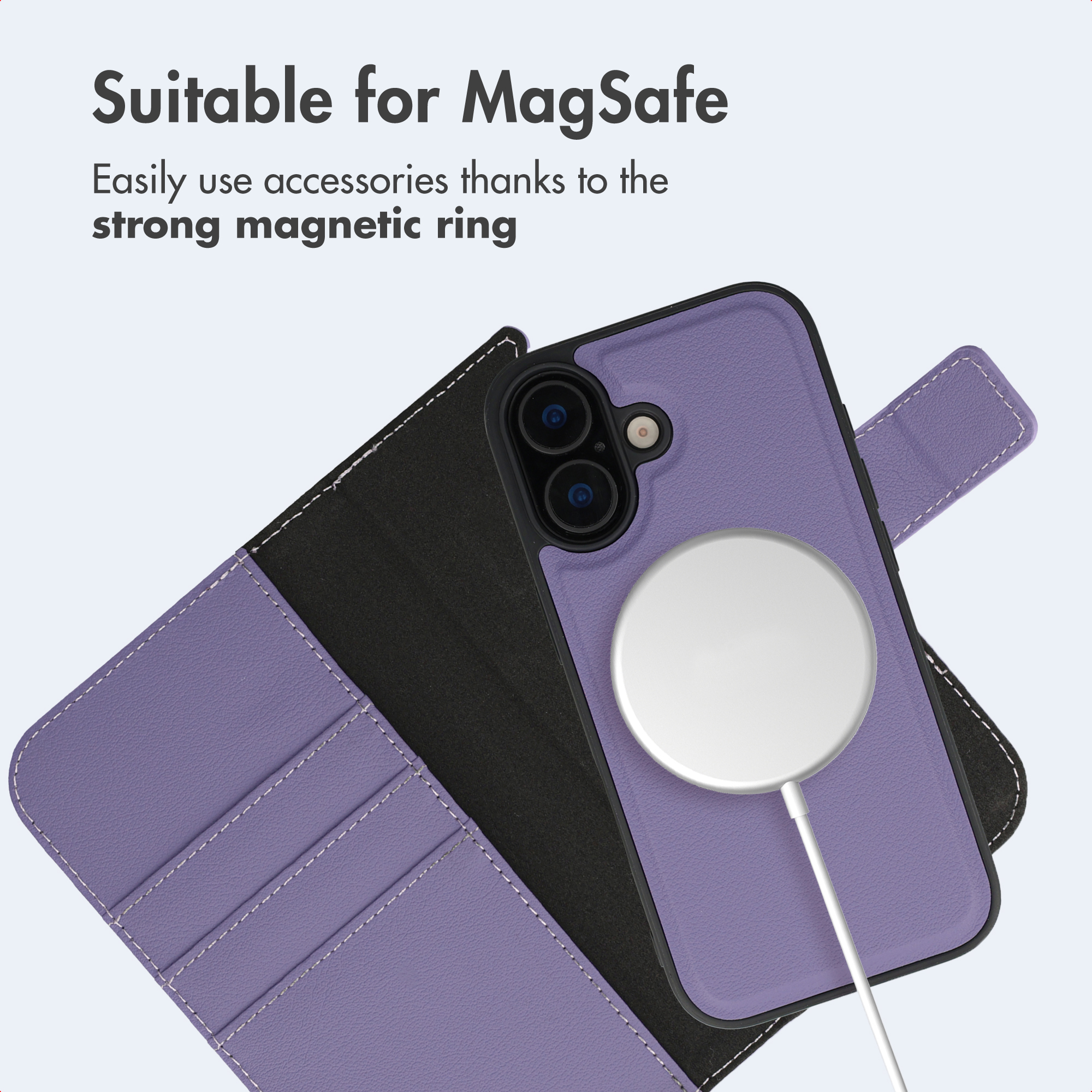 Una custodia per telefono a portafoglio MagSafe viola con caricatore magnetico bianco.