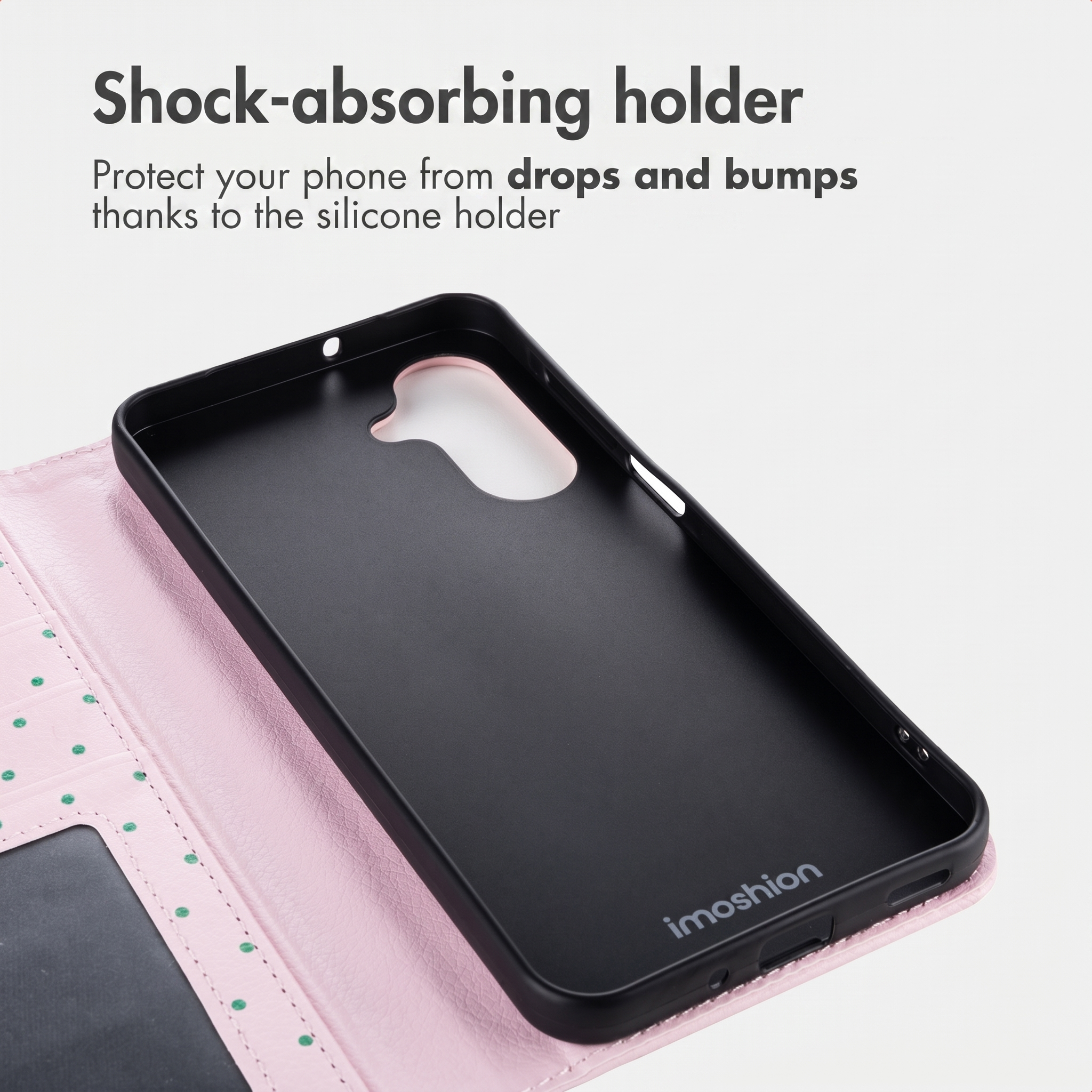 Étui de téléphone en similicuir rose avec support en silicone noir et texte sur l'absorption des chocs.