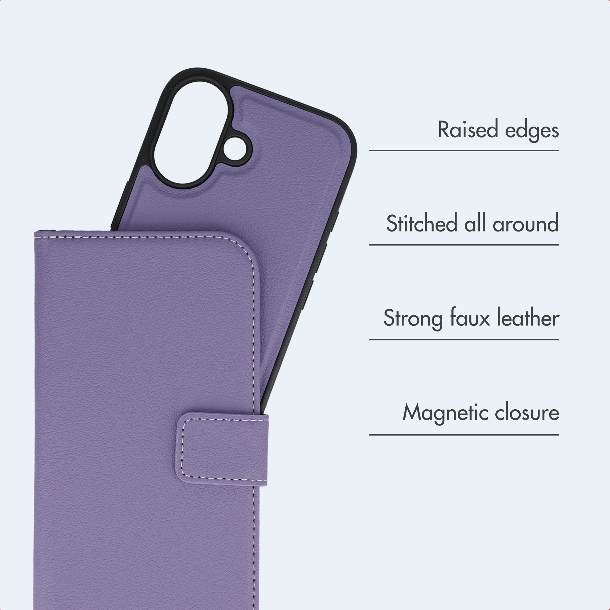 Una custodia per telefono in ecopelle viola con bordi cuciti, protezione rialzata e chiusura magnetica.