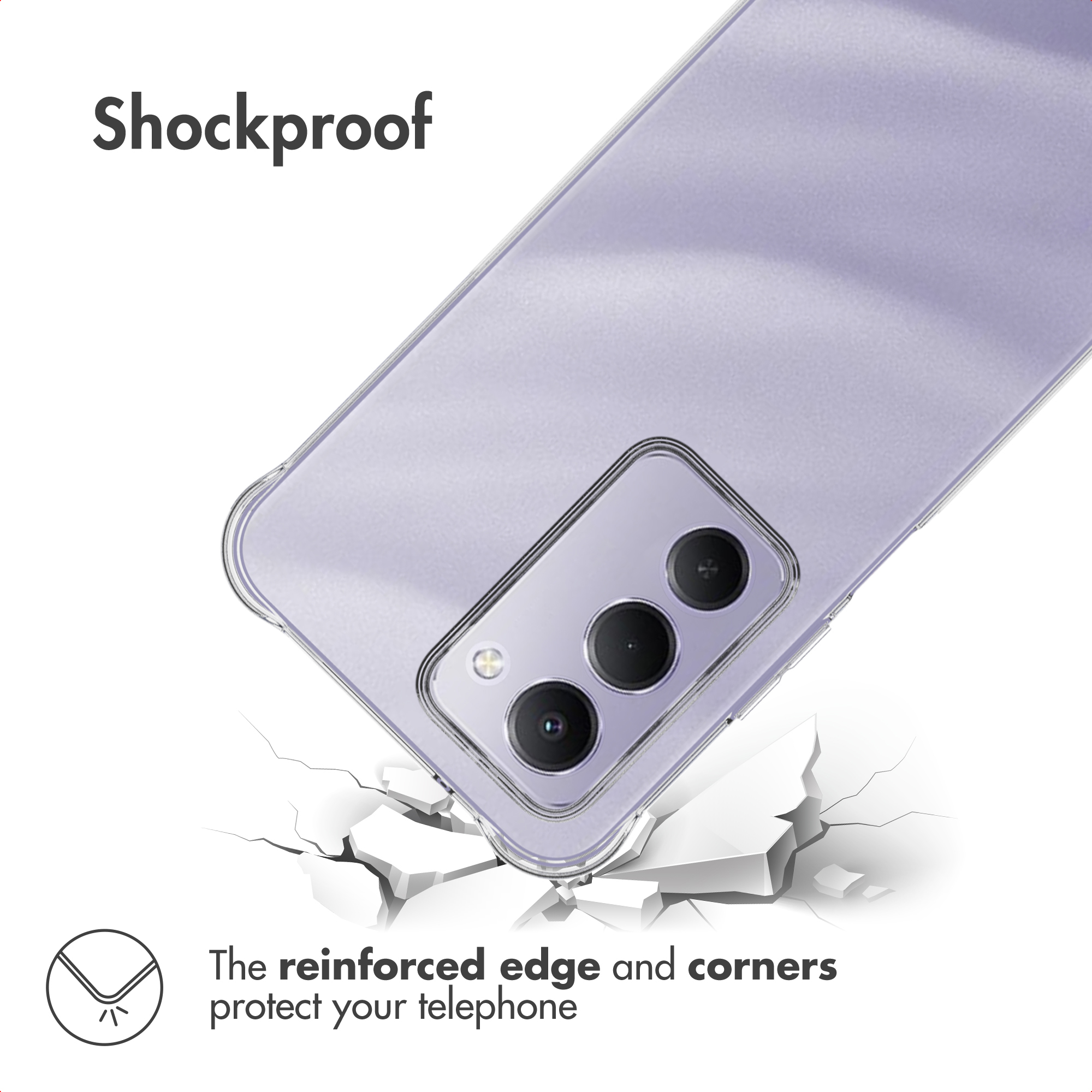 Smartphone morado con funda protectora transparente sobre suelo blanco agrietado, texto "Shockproof".