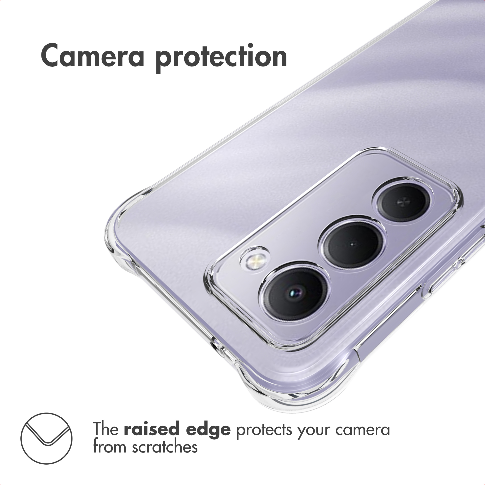 Una vista de cerca muestra la parte trasera de un smartphone en una funda protectora transparente.