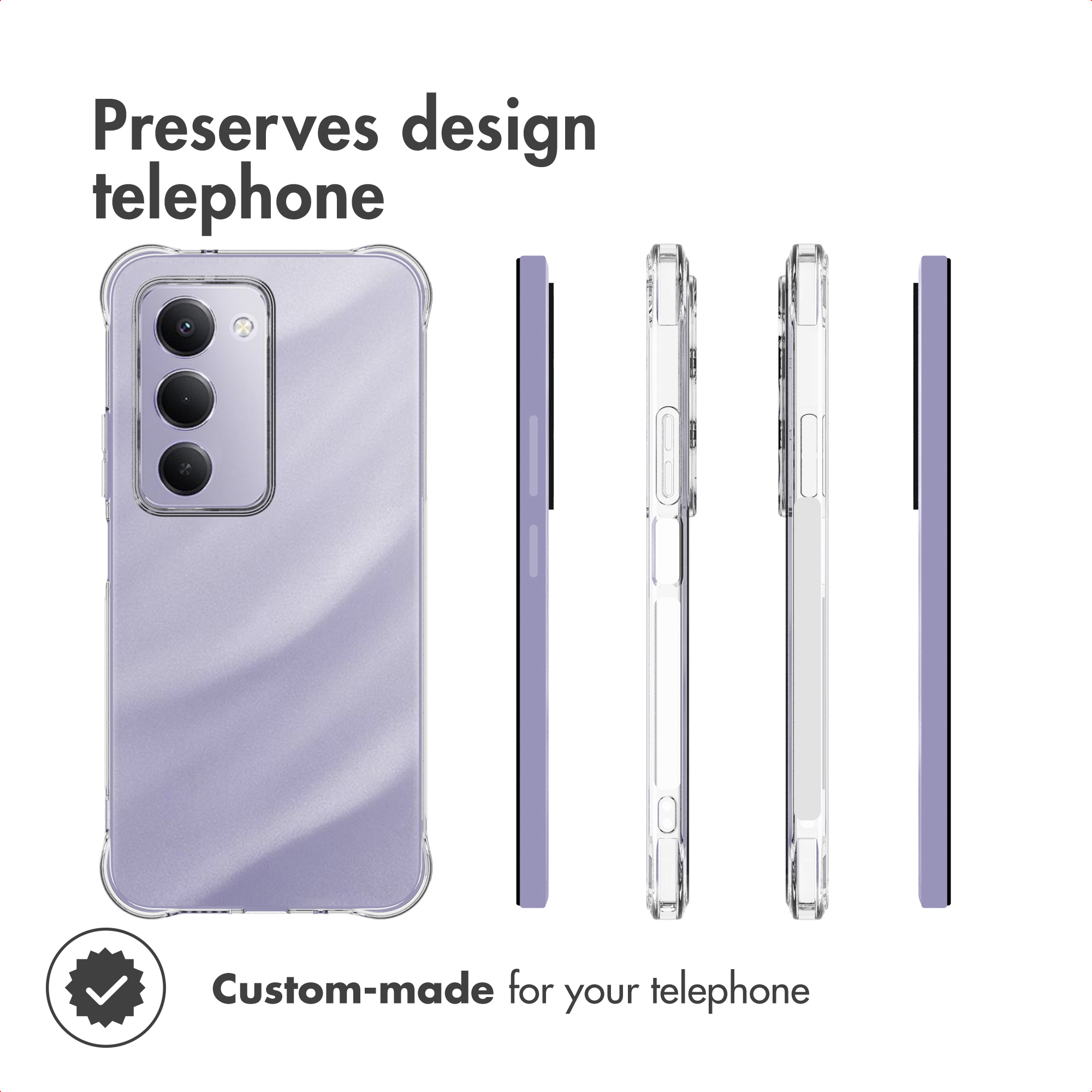 Funda de móvil morada mostrada desde varios ángulos con texto.